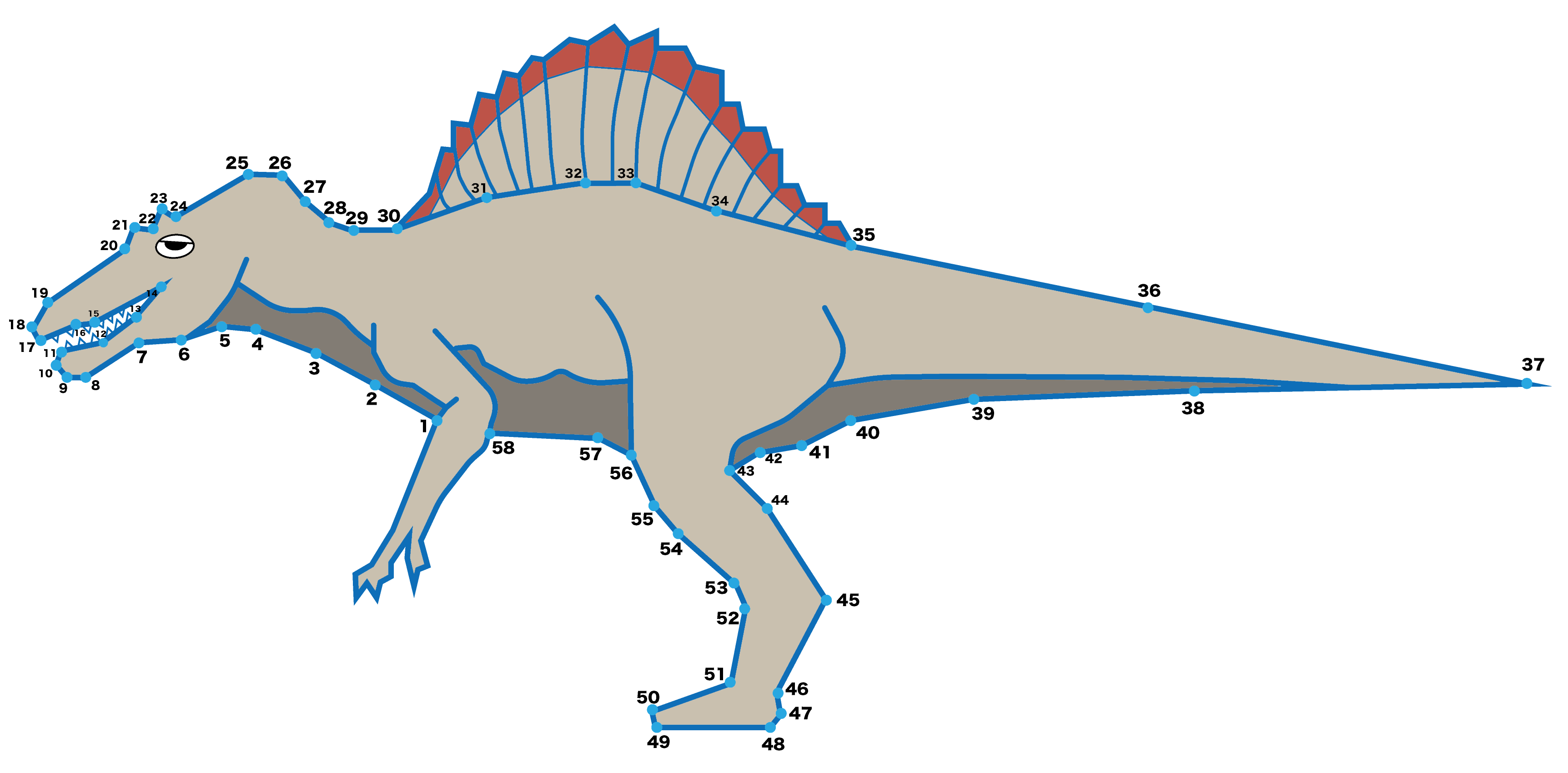 点つなぎ　恐竜（6）スピノサウルス（完成例）