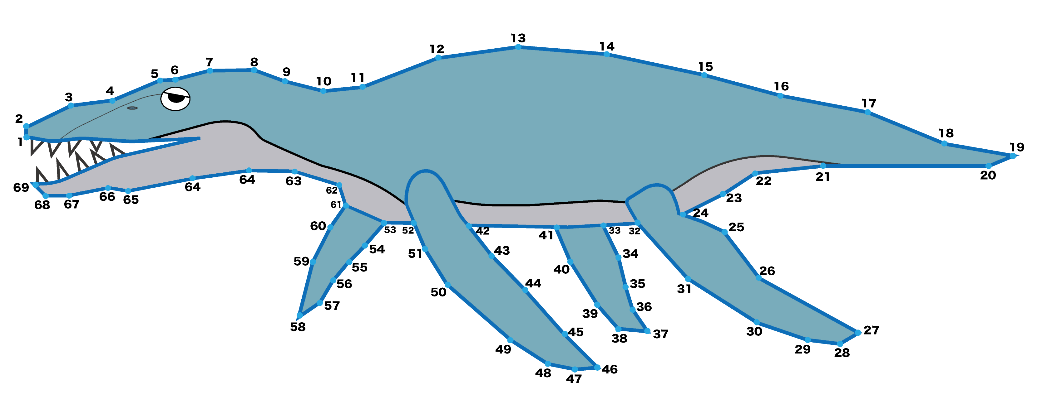 点つなぎ　恐竜（7）リオプレウロドン（完成例）