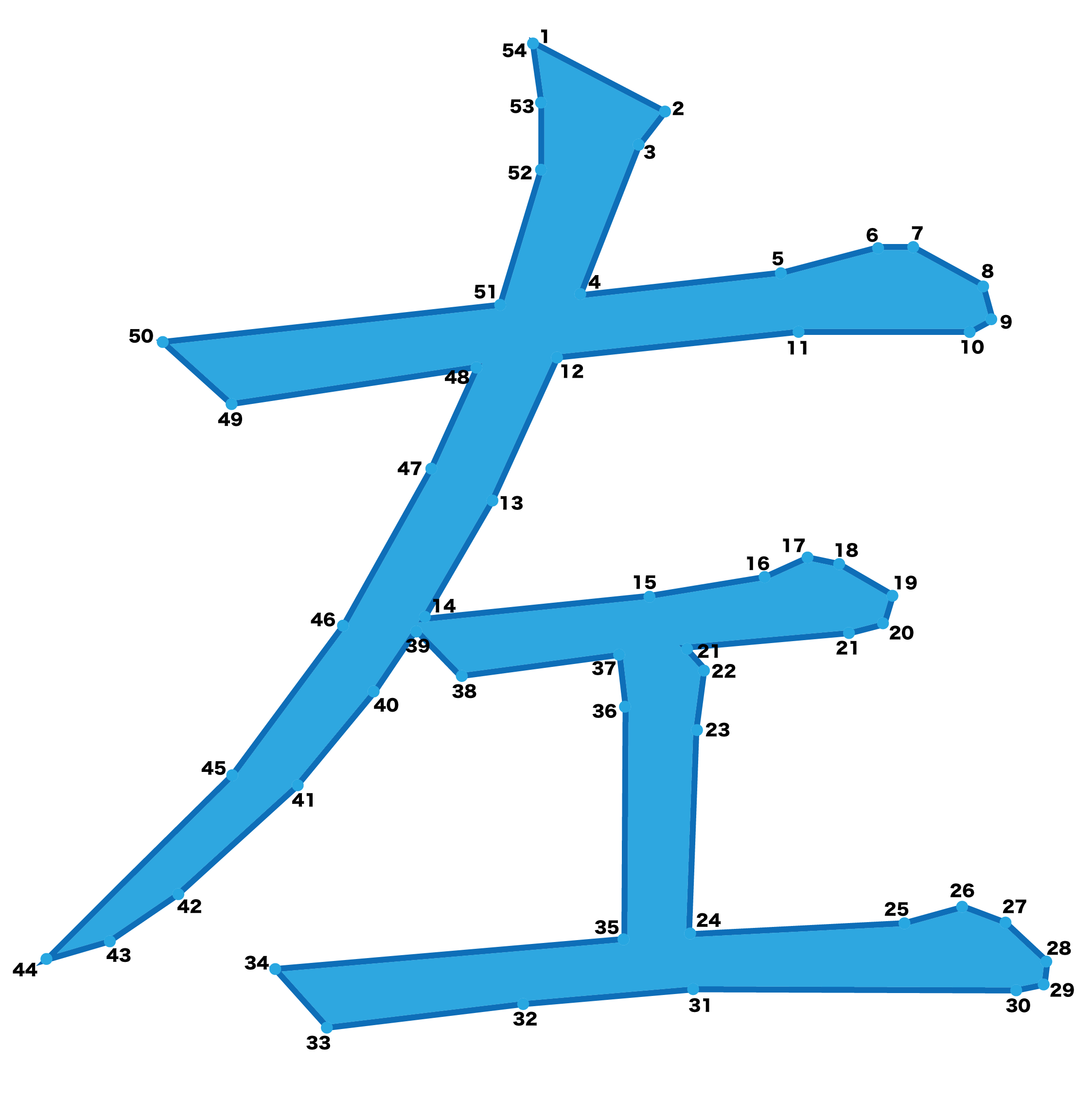 点つなぎ　漢字「左」（完成例）