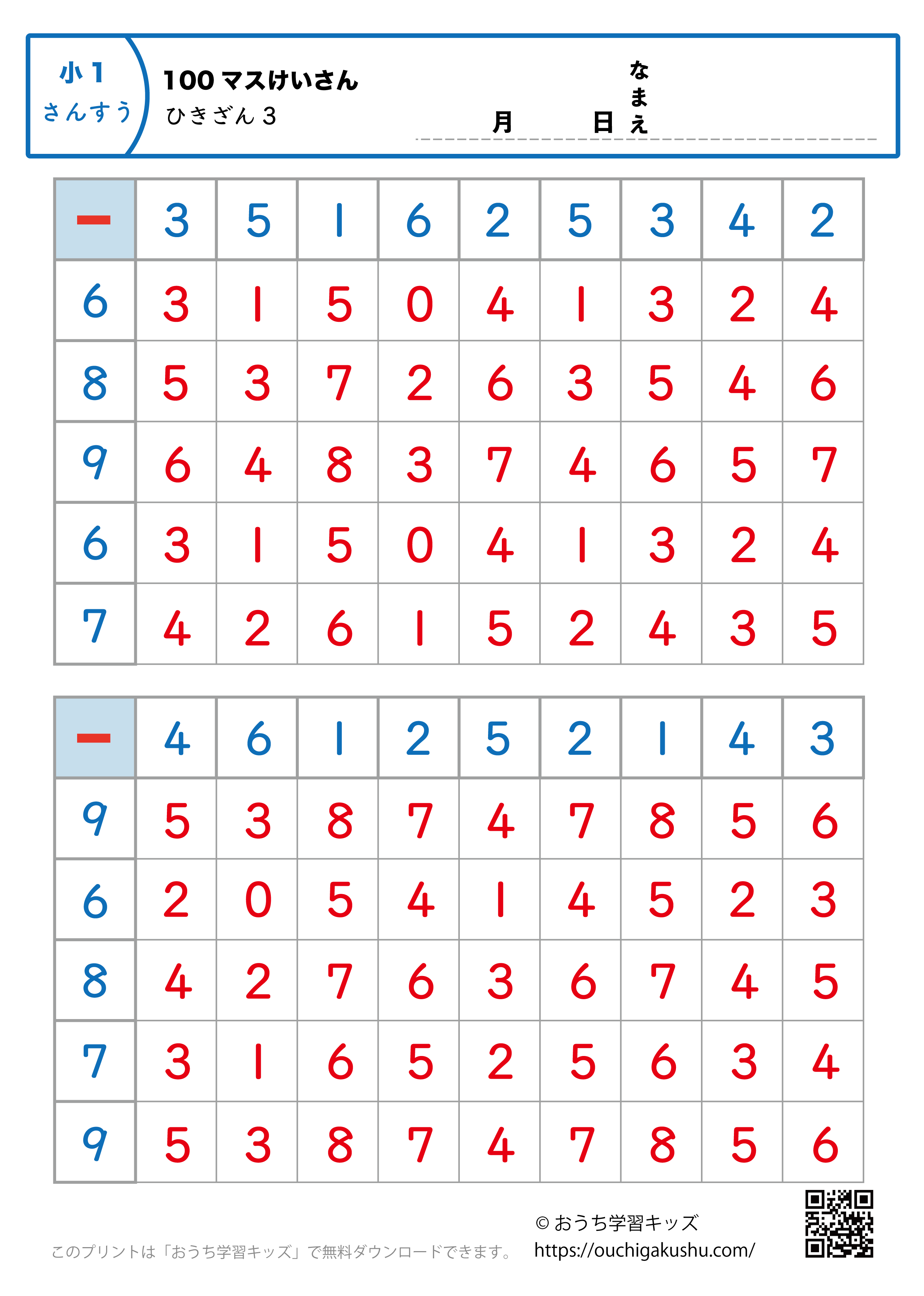 100マス計算・引き算3｜算数プリント｜練習問題｜小学1年生（答え）