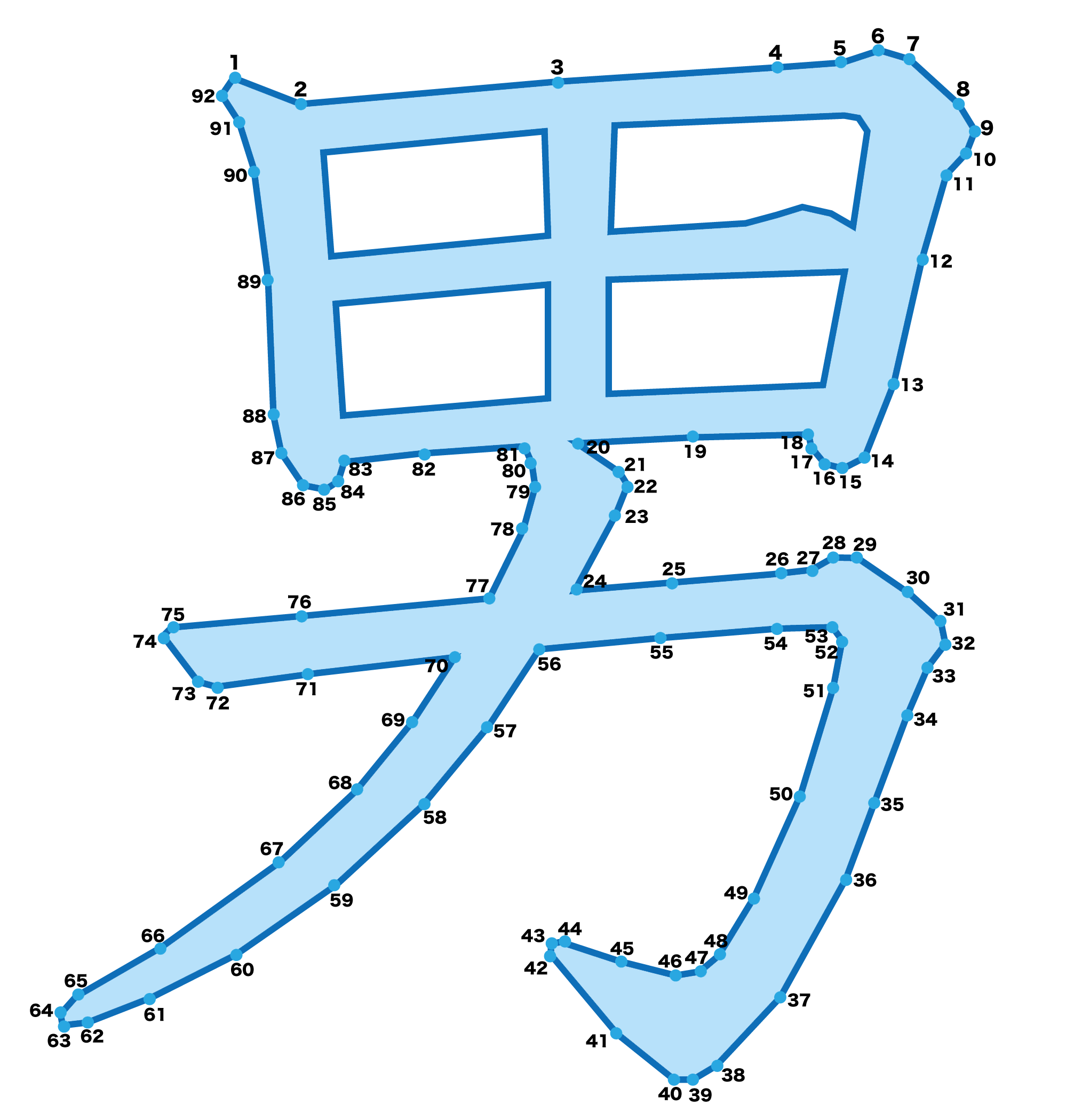 点つなぎ　漢字「男」（完成例）