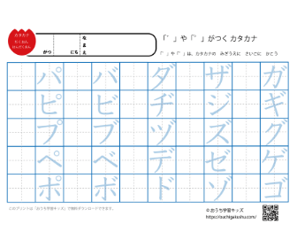 カタカナ練習プリント「濁音・半濁音」（なぞり書き・空欄穴埋め）