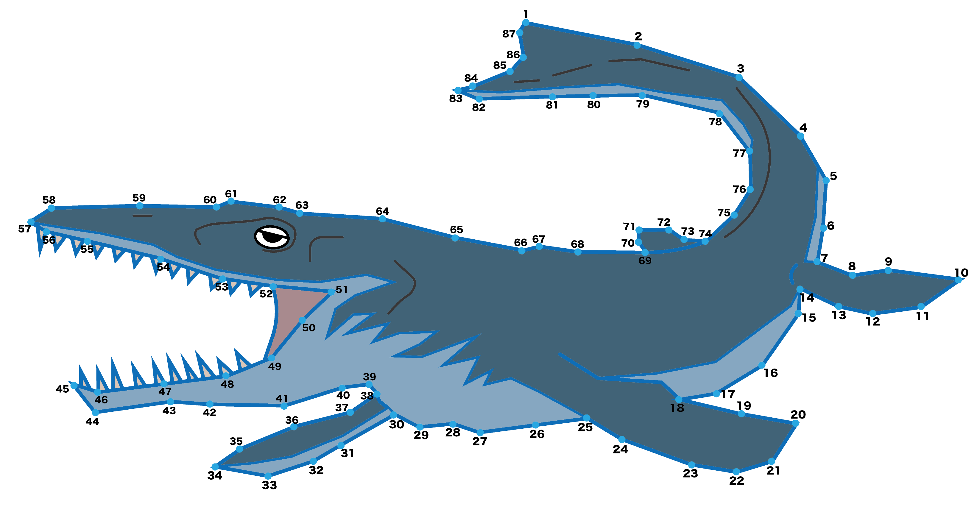 点つなぎ　恐竜（10）モササウルス（完成例）