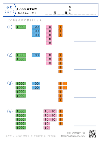 10000までの数｜数の表し方1｜算数プリント｜練習問題｜小学2年生
