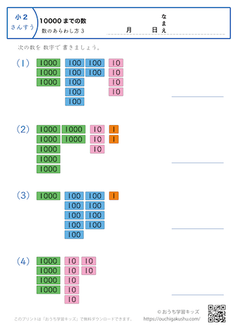 10000までの数｜数の表し方3｜算数プリント｜練習問題｜小学2年生