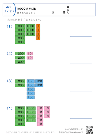 10000までの数｜数の表し方4｜算数プリント｜練習問題｜小学2年生