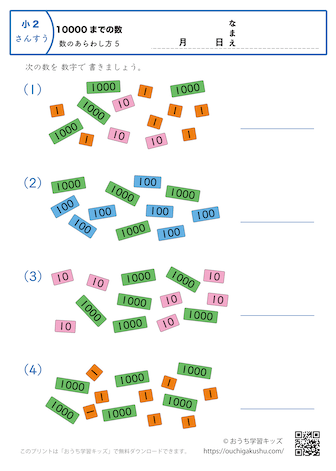 10000までの数｜数の表し方5｜算数プリント｜練習問題｜小学2年生