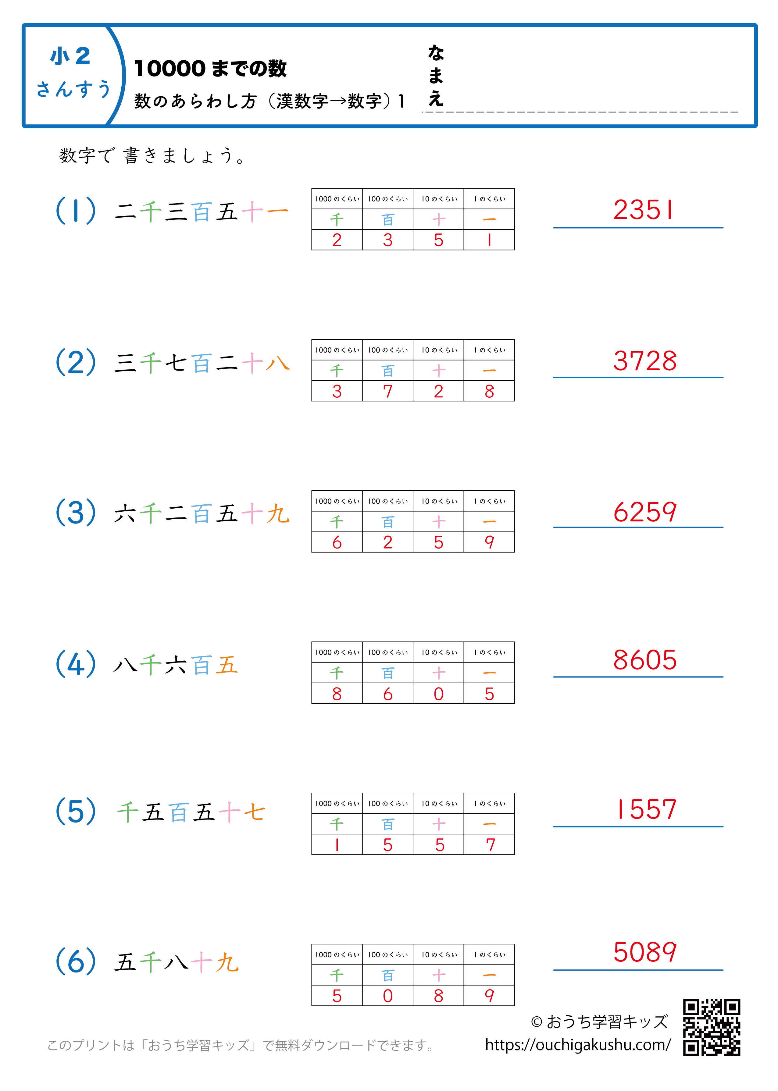 10000までの数｜数の表し方（漢数字→数字）1｜算数プリント｜練習問題（補助付き）｜小学2年生（答え）