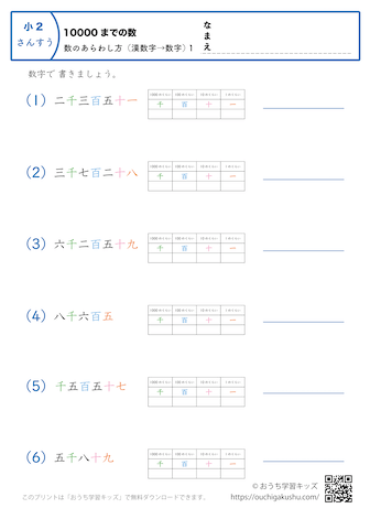 10000までの数｜数の表し方（漢数字→数字）1｜算数プリント｜練習問題（補助付き）｜小学2年生