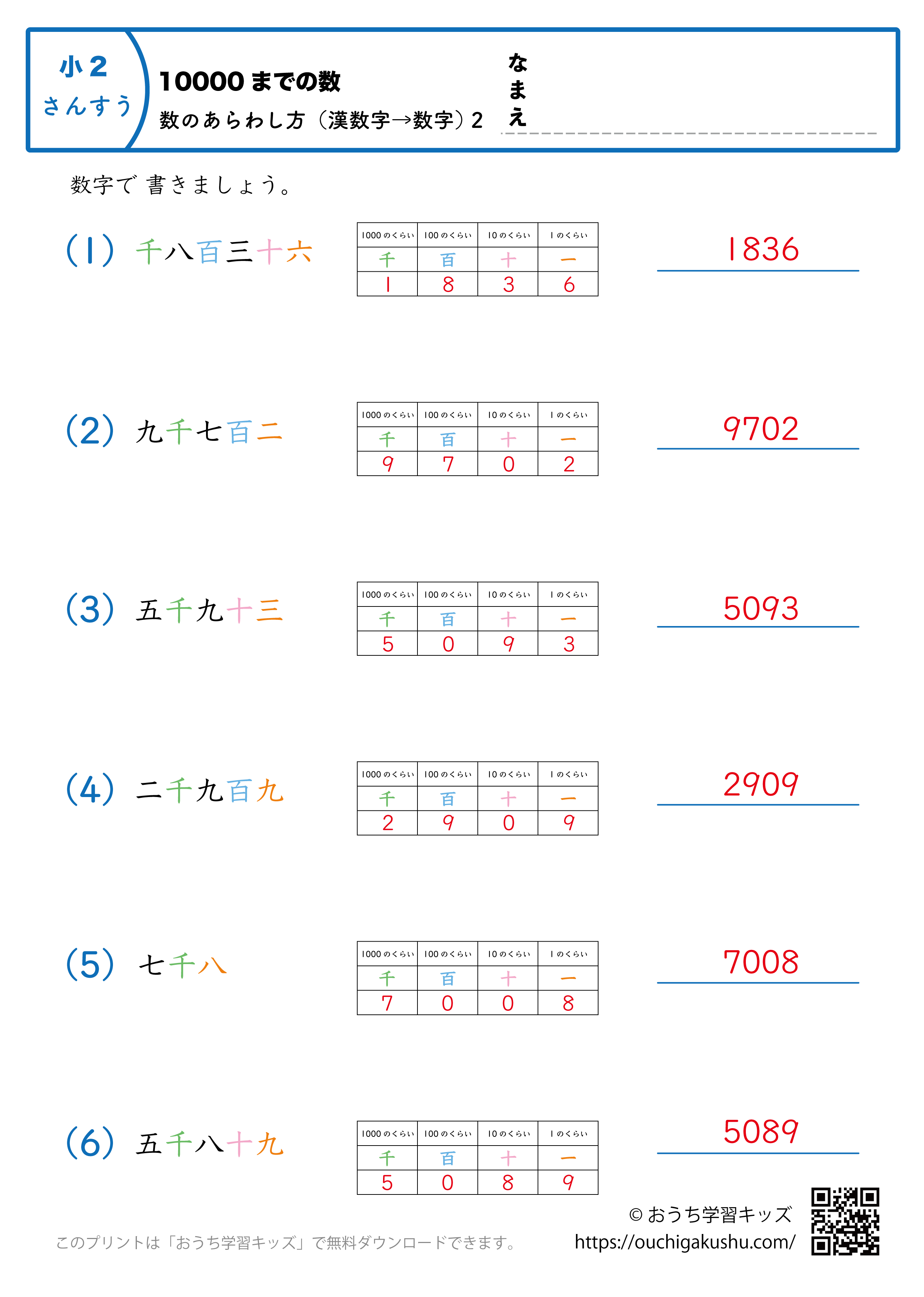 10000までの数｜数の表し方（漢数字→数字）2｜算数プリント｜練習問題（補助付き）｜小学2年生（答え）