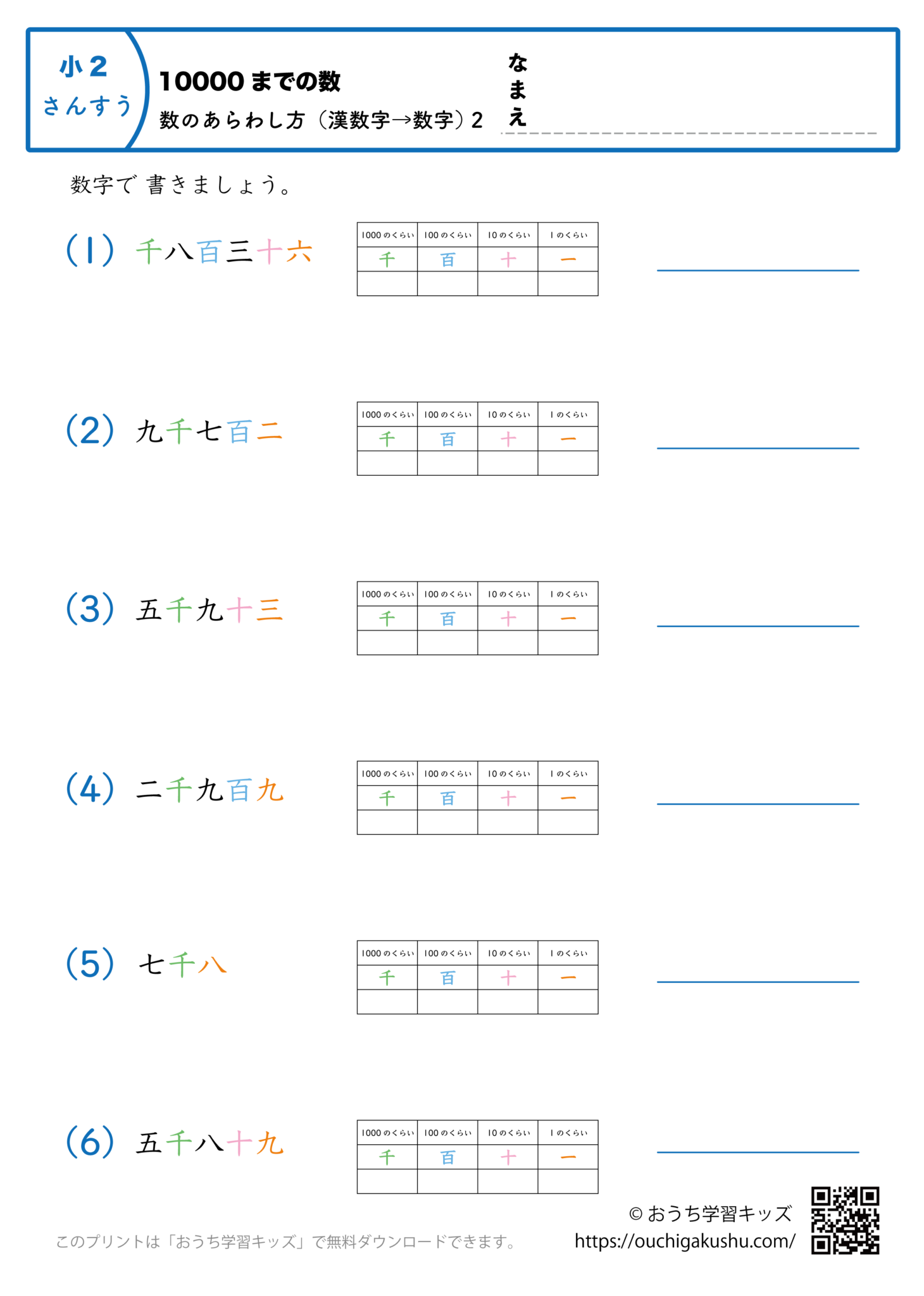 10000までの数|数の表し方(漢数字→数字)1|算数プリント|練習問題|小学2年生 | 無料プリント教材|おうち学習キッズ