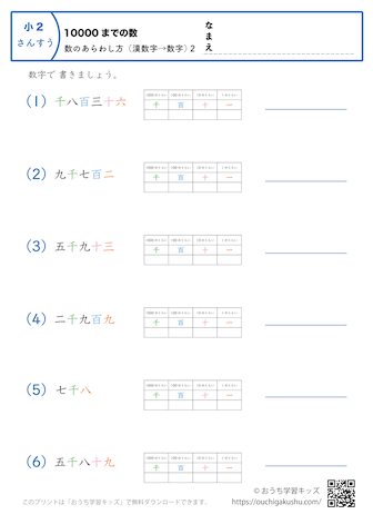 10000までの数｜数の表し方（漢数字→数字）2｜算数プリント｜練習問題（補助付き）｜小学2年生