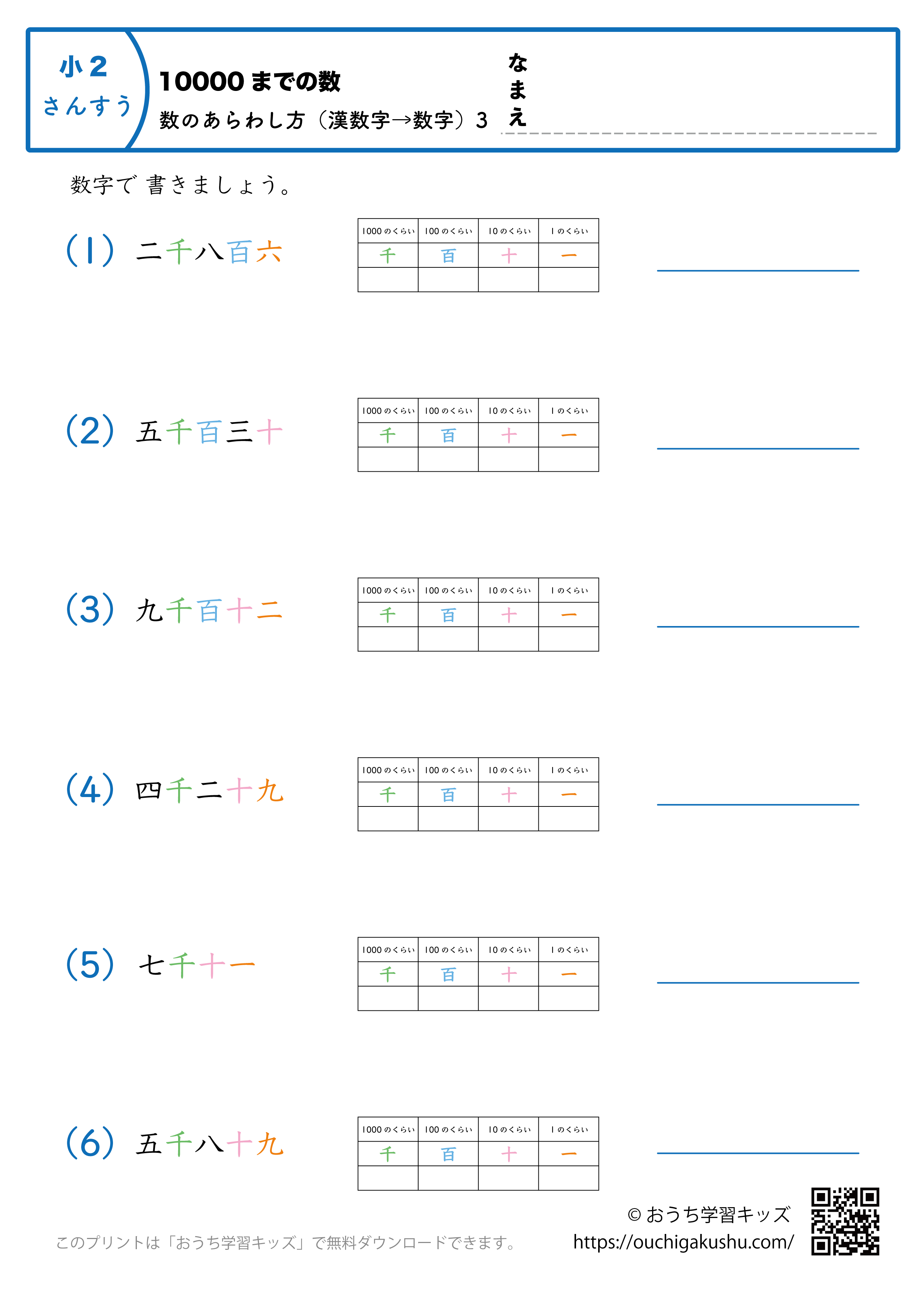 10000までの数｜数の表し方（漢数字→数字）3｜算数プリント｜練習問題（補助付き）｜小学2年生