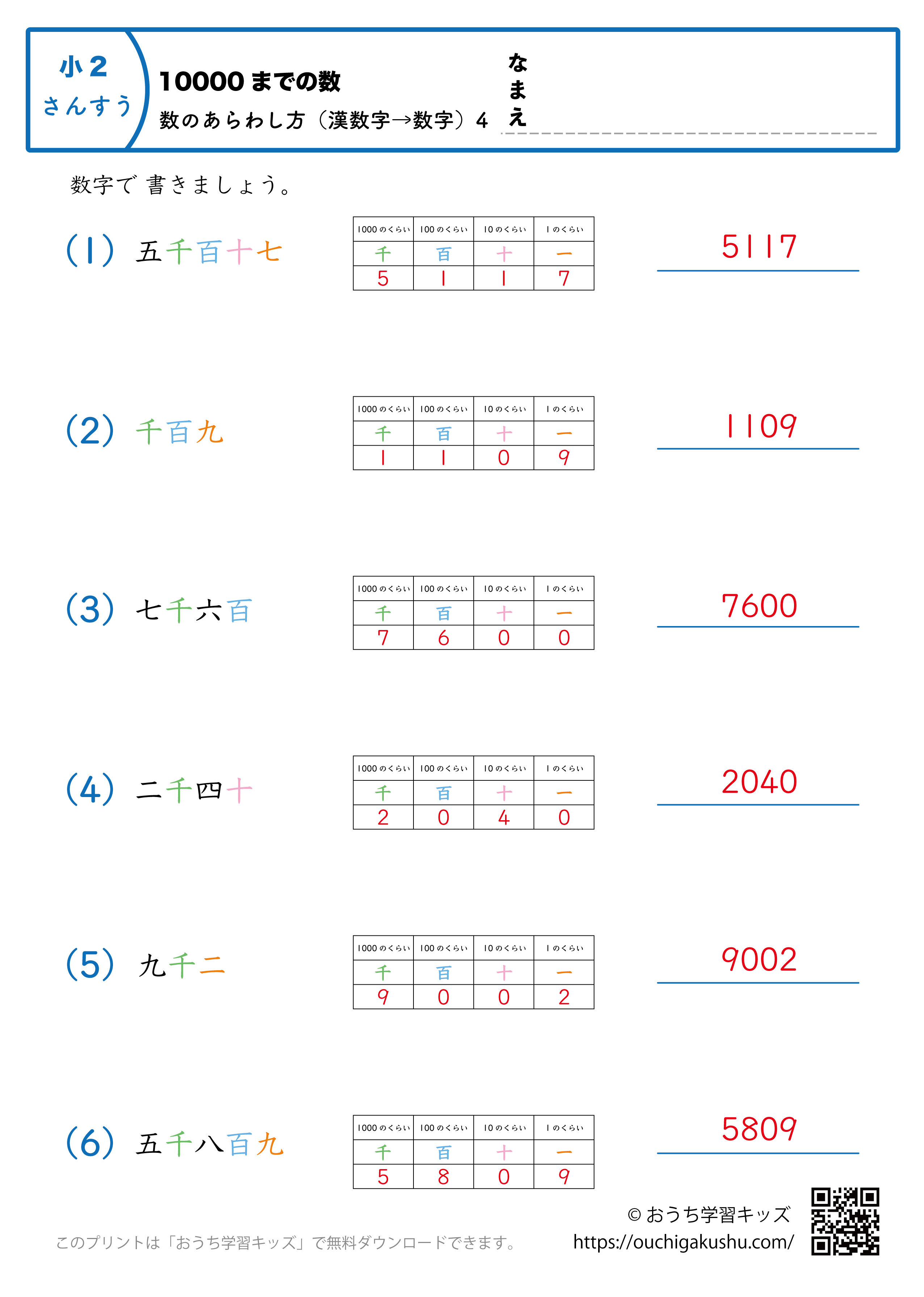 10000までの数｜数の表し方（漢数字→数字）4｜算数プリント｜練習問題（補助付き）｜小学2年生（答え）