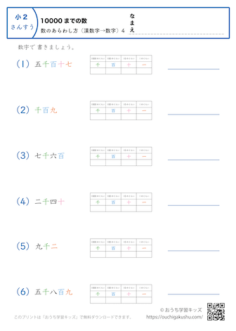 10000までの数｜数の表し方（漢数字→数字）4｜算数プリント｜練習問題（補助付き）｜小学2年生