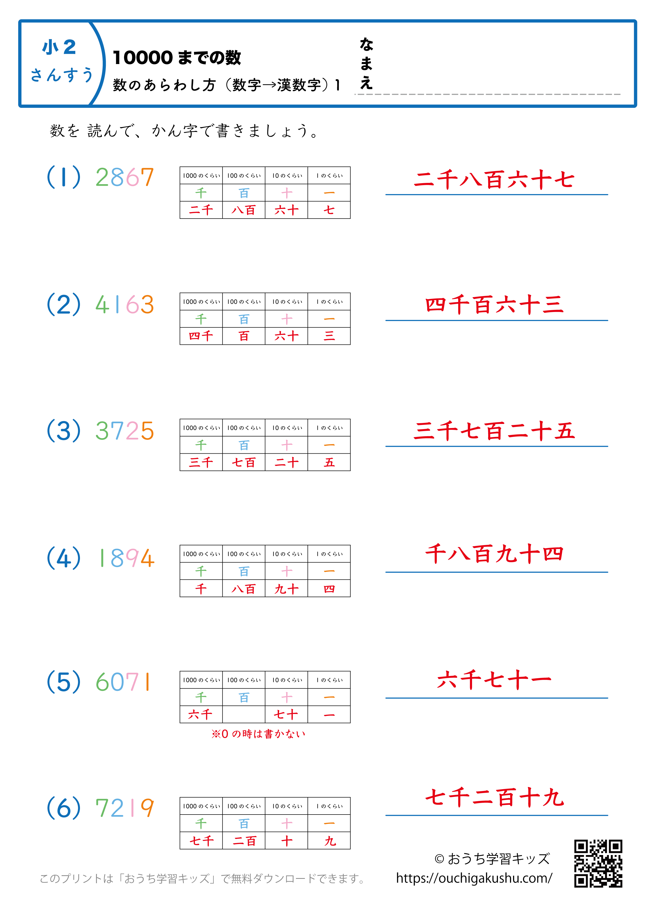 10000までの数｜数の表し方（数字→漢数字）1｜算数プリント｜練習問題（補助付き）｜小学2年生（答え）