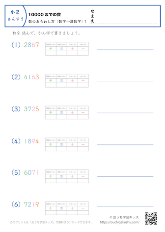 10000までの数｜数の表し方（数字→漢数字）1｜算数プリント｜練習問題（補助付き）｜小学2年生