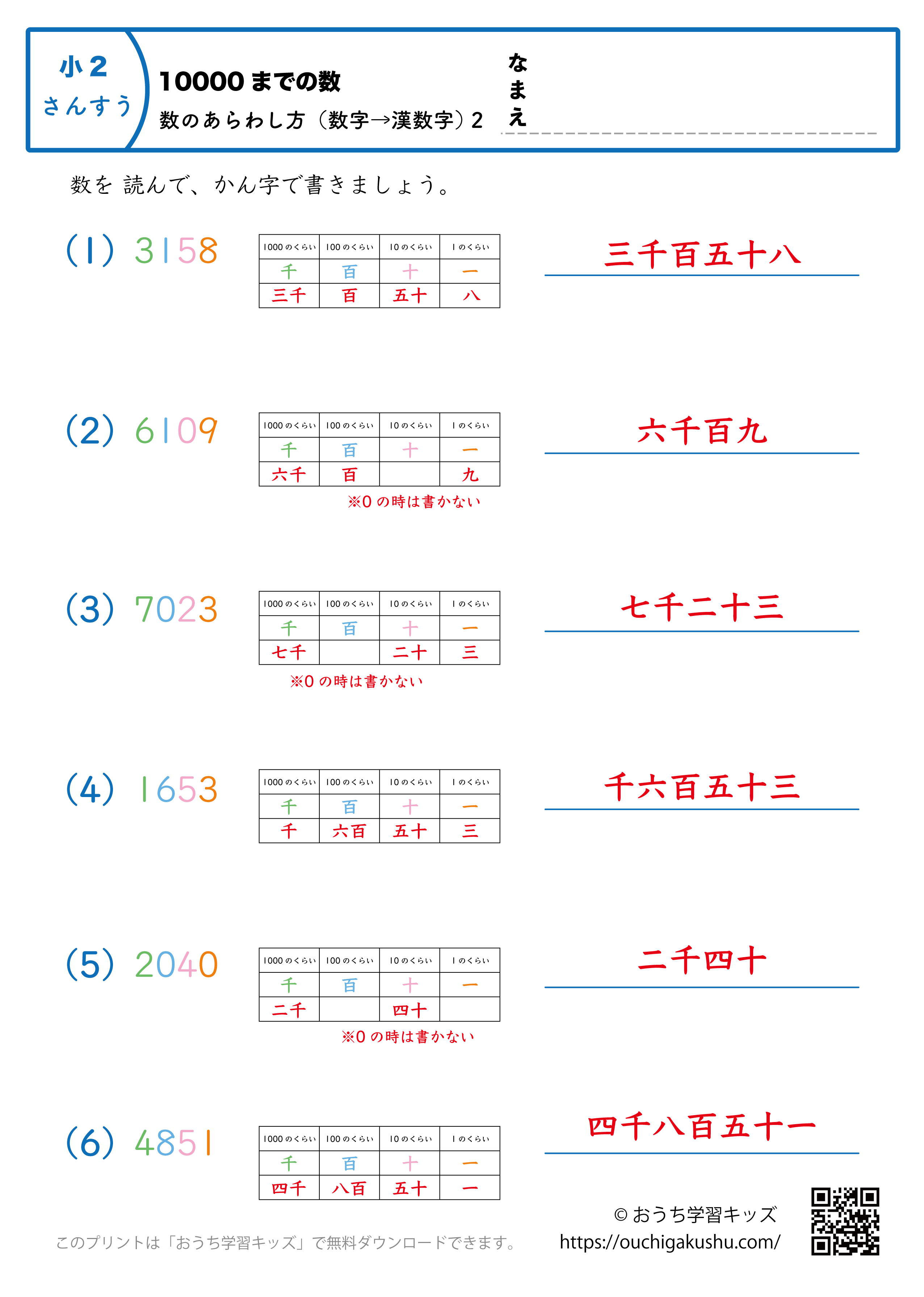 10000までの数｜数の表し方（数字→漢数字）2｜算数プリント｜練習問題（補助付き）｜小学2年生（答え）