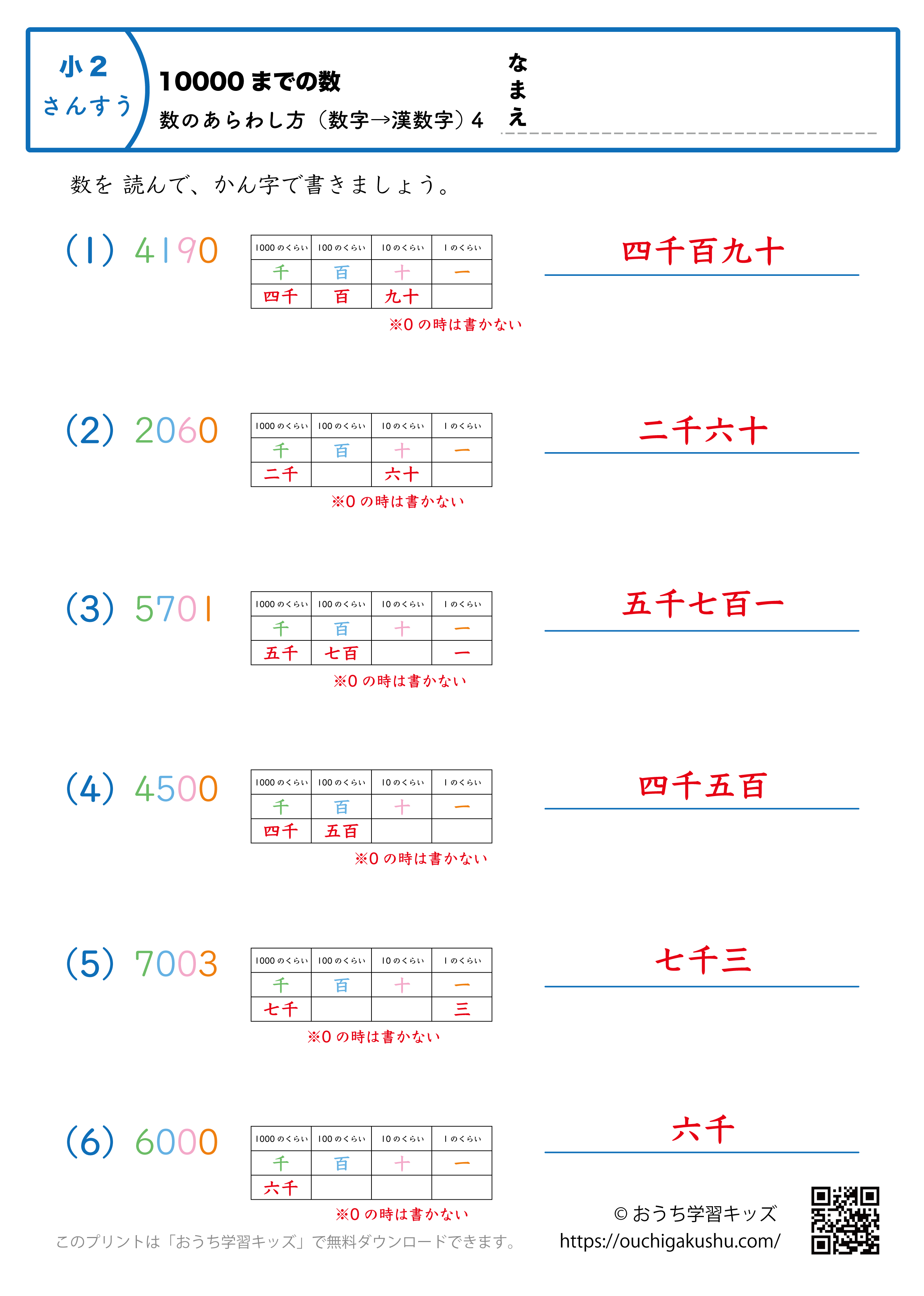 10000までの数｜数の表し方（数字→漢数字）4｜算数プリント｜練習問題（補助付き）｜小学2年生（答え）