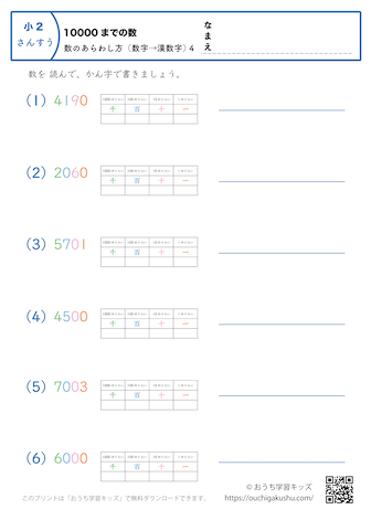 10000までの数｜数の表し方（数字→漢数字）4｜算数プリント｜練習問題（補助付き）｜小学2年生