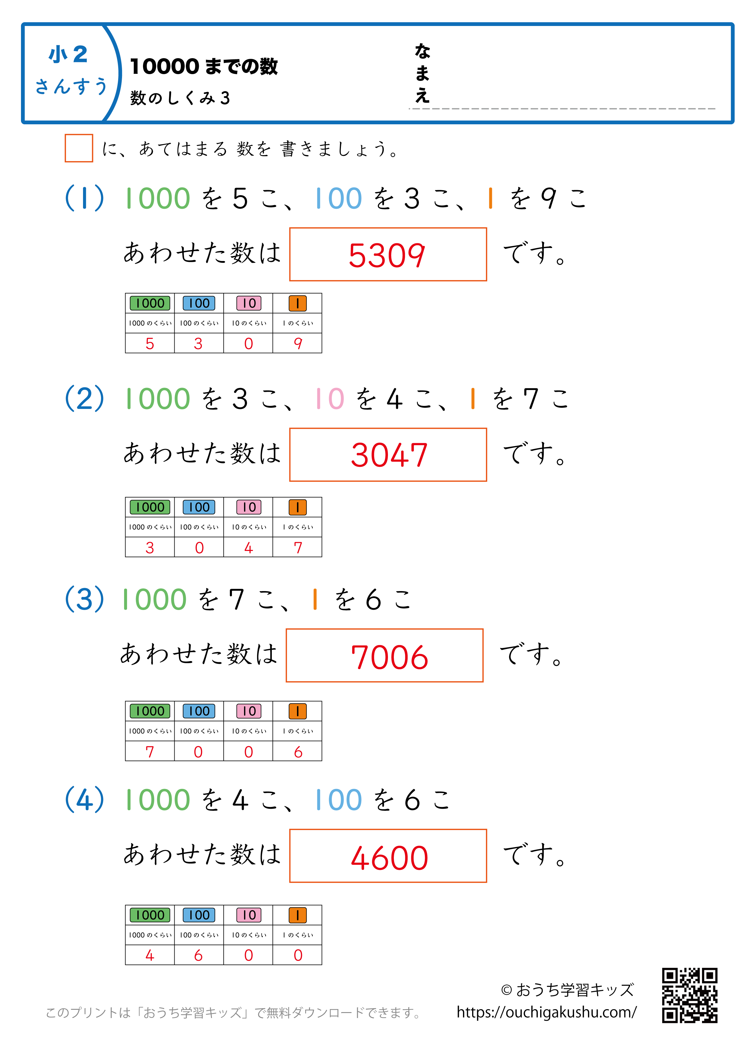 10000までの数｜数の仕組み3｜算数プリント｜練習問題（補助付き）｜小学2年生（答え）