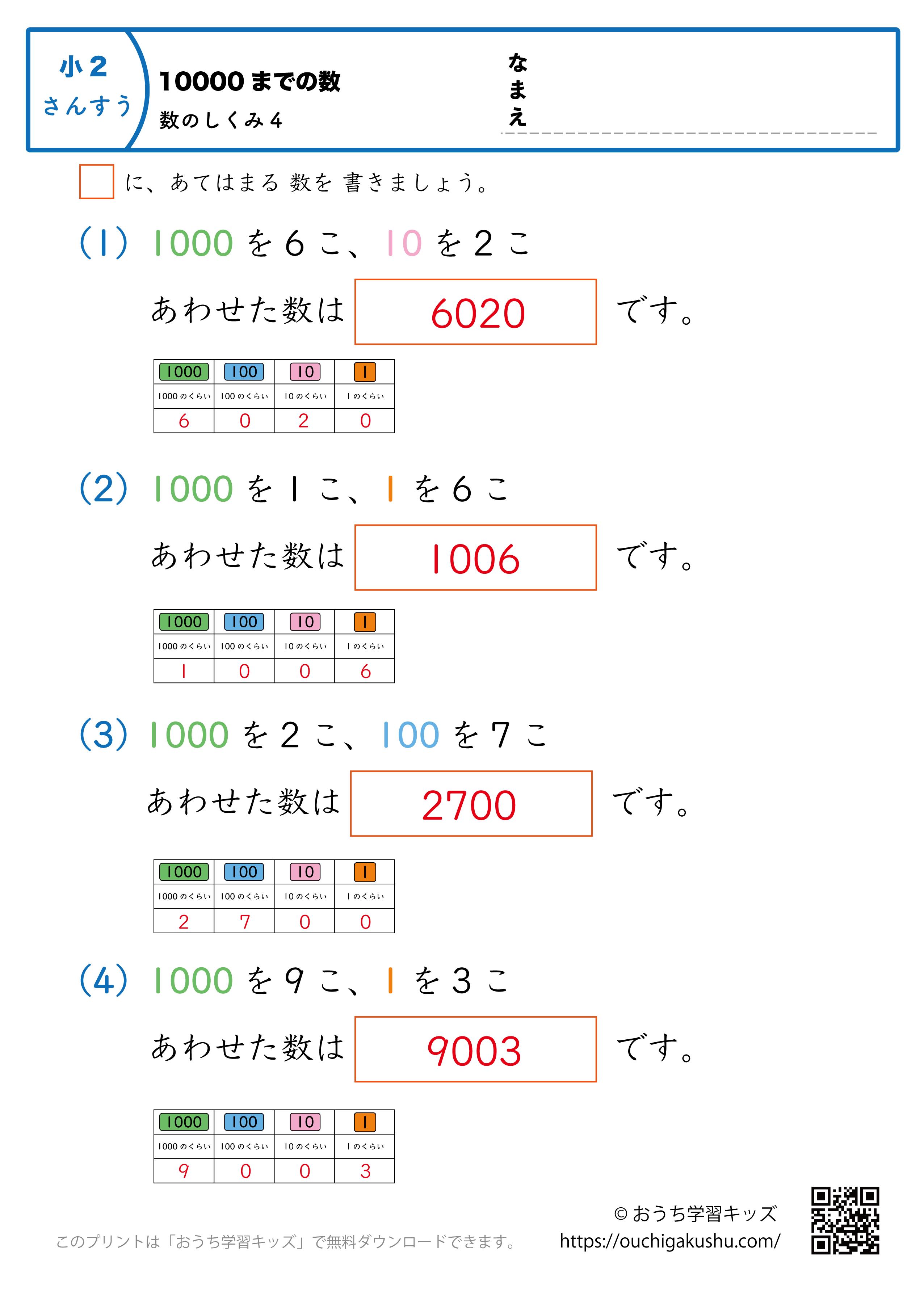 10000までの数｜数の仕組み4｜算数プリント｜練習問題（補助付き）｜小学2年生（答え）