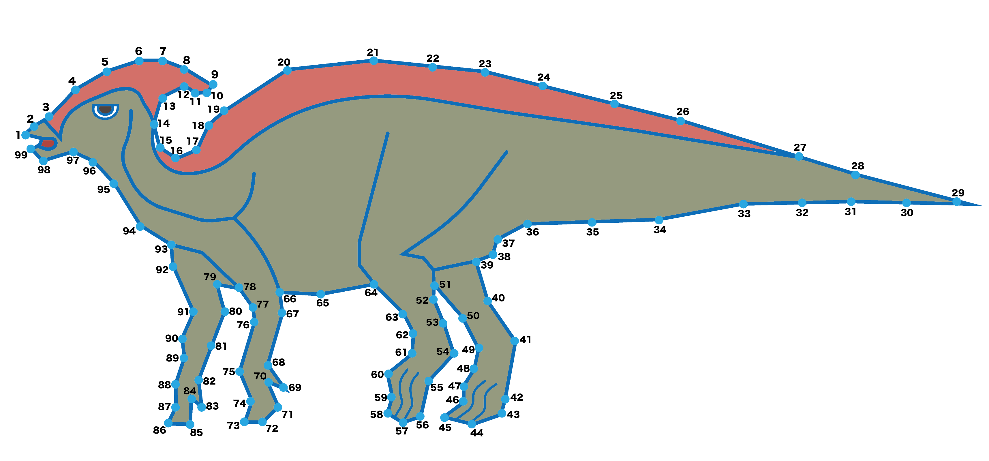点つなぎ　恐竜（13）パラサウロロフス（完成例）