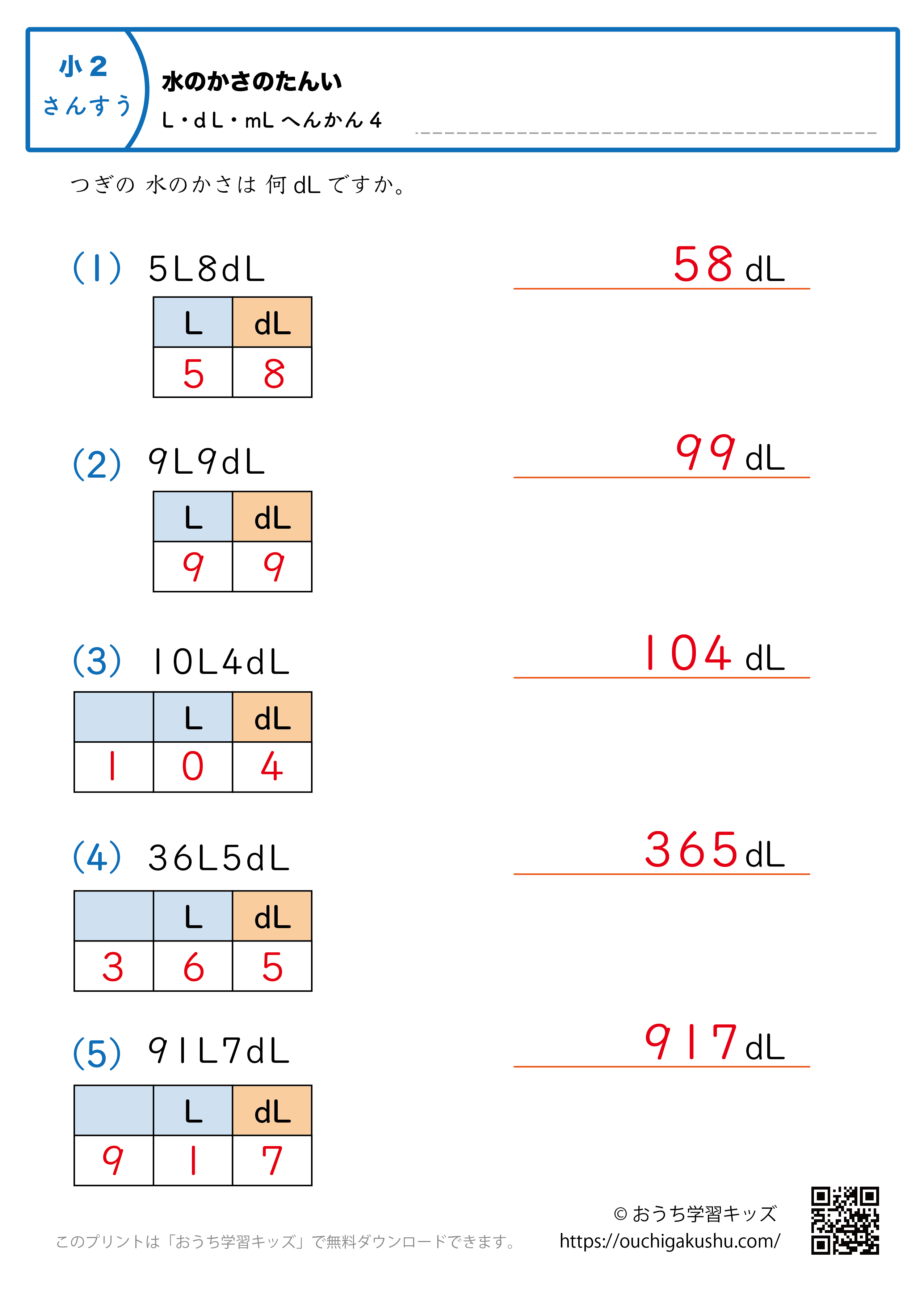水のかさの単位（小学2年生）LとdL→dLに変換4｜算数プリント｜練習問題（補助表付き・答え）