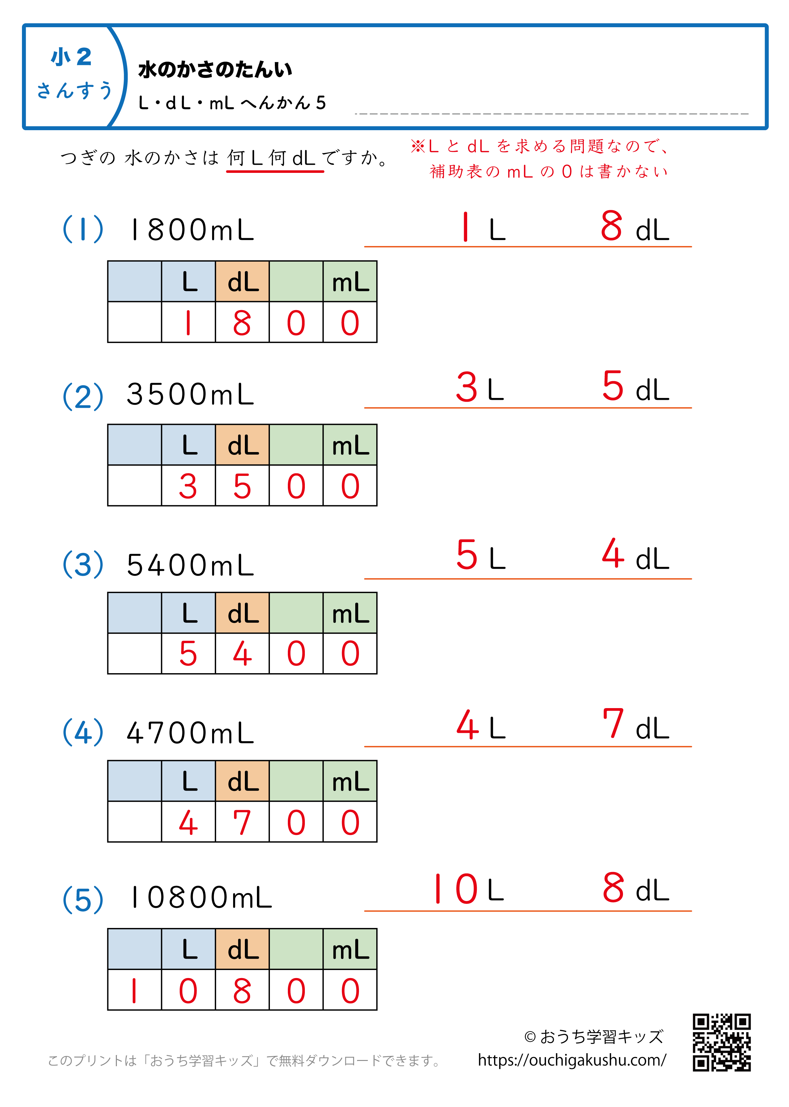 水のかさの単位（小学2年生）mL→LとdLに変換5｜算数プリント｜練習問題（補助付き・答え）