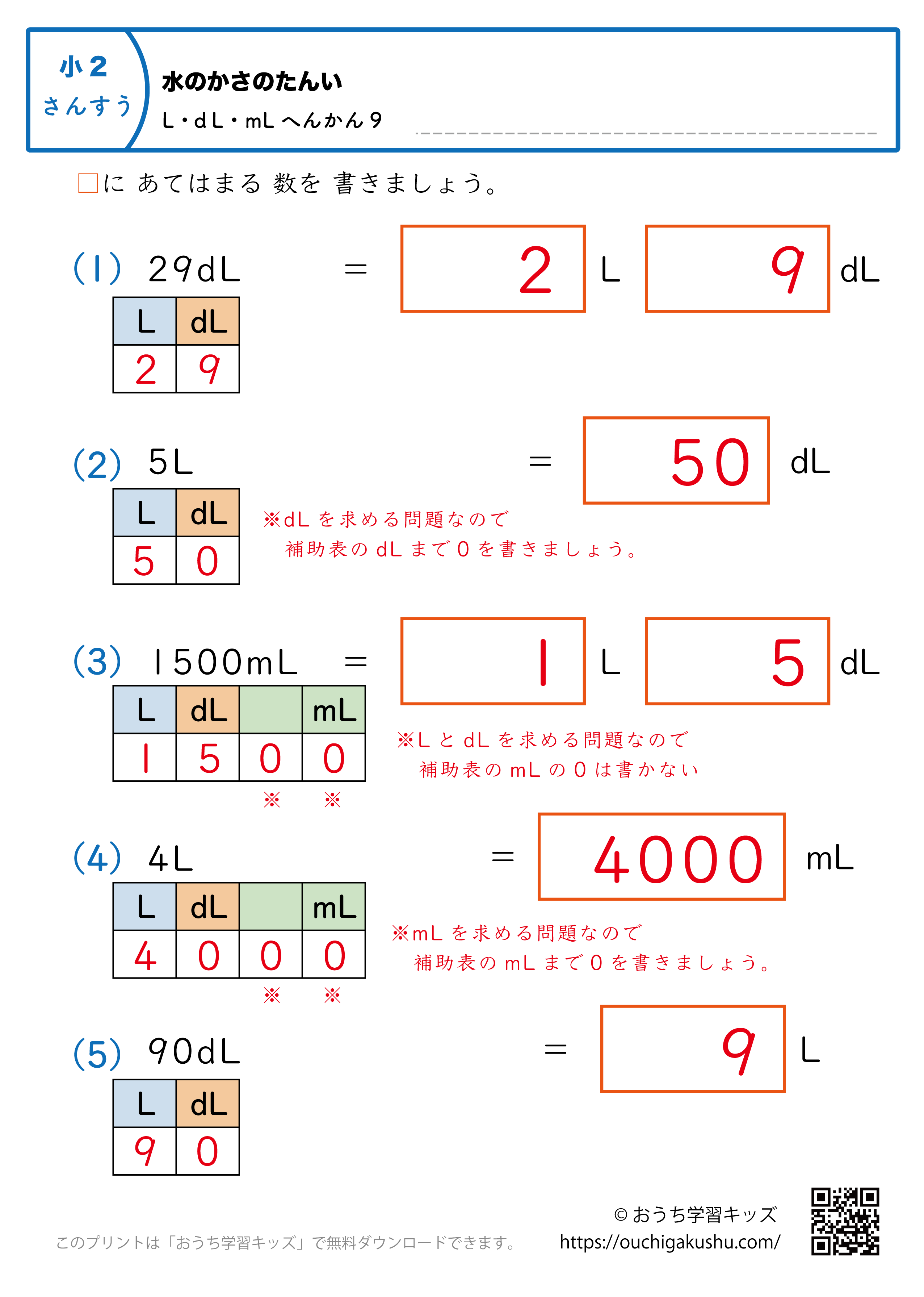 水のかさの単位（小学2年生）L・dL・mLに変換の混合9｜算数プリント｜練習問題（補助付き・答え）