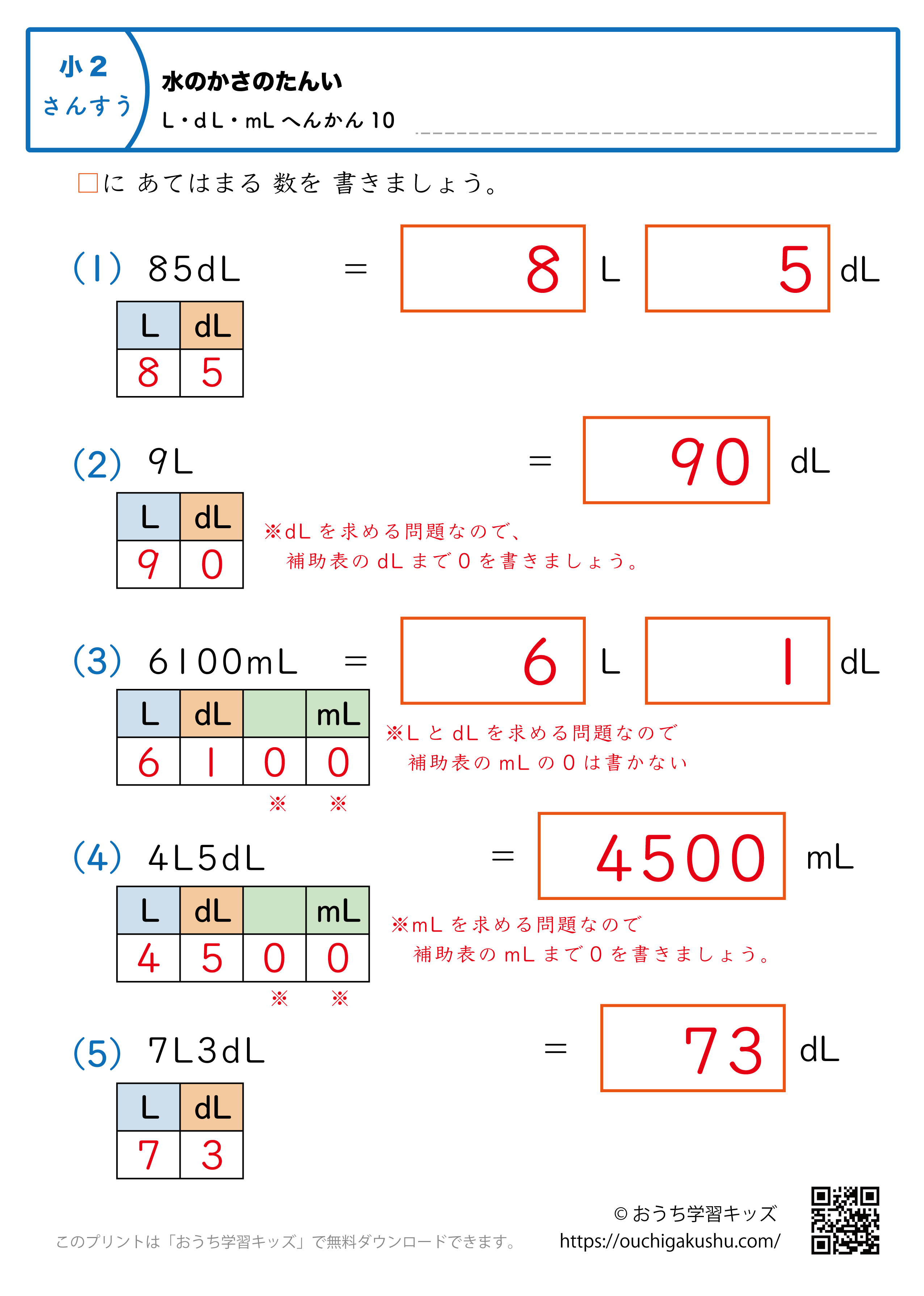 水のかさの単位（小学2年生）L・dL・mLに変換の混合10｜算数プリント｜練習問題（補助付き・答え）