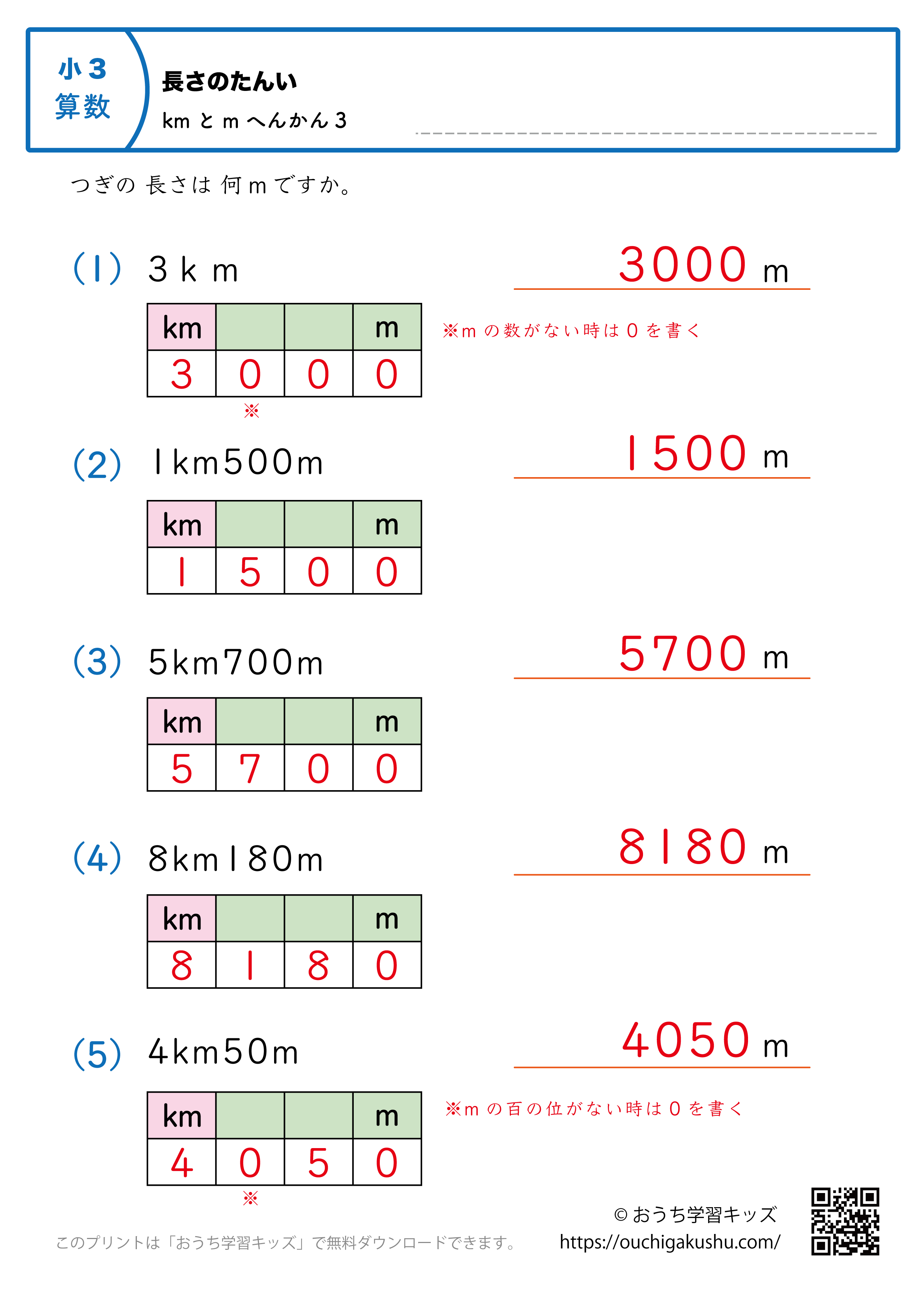 長さの単位（小学3年生）kmとm→mに変換3｜算数プリント｜練習問題（補助付き・答え）