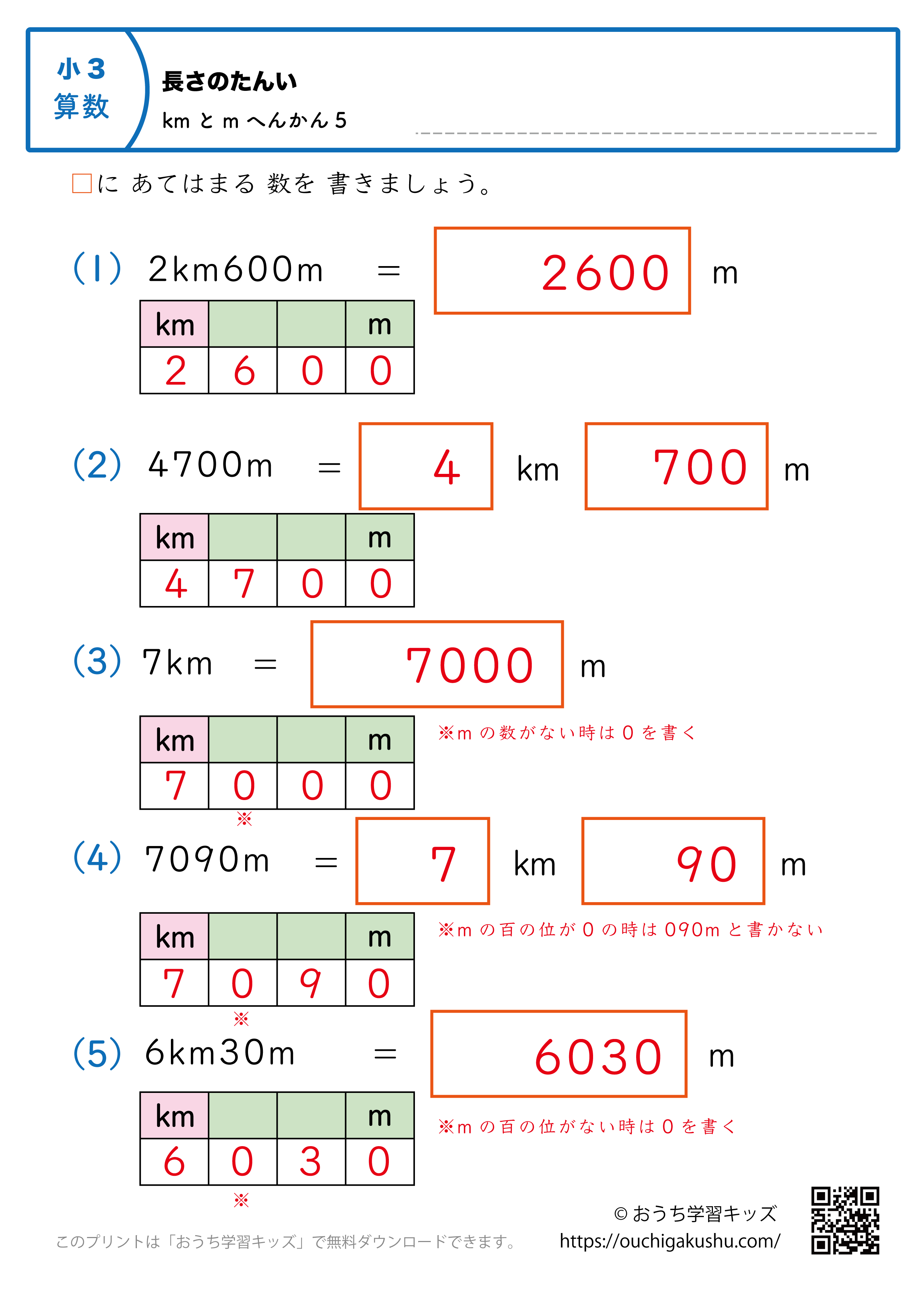 長さの単位（小学3年生）m→kmとmに変換、kmとm→mに変換の混合5｜算数プリント｜練習問題（補助付き・答え）