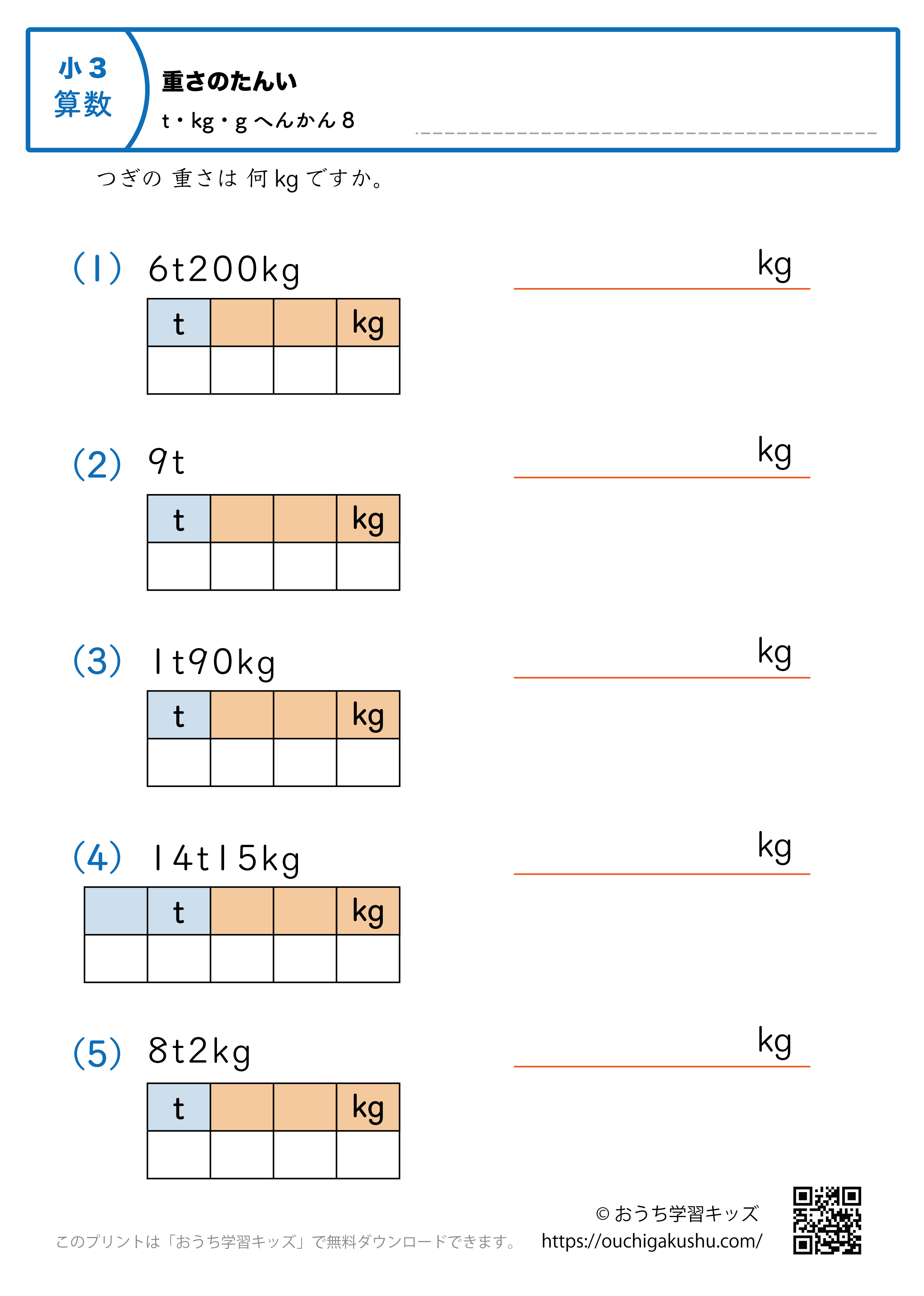 重さの単位（小学3年生）tとkg→kgに変換8｜算数プリント｜練習問題（補助付き）