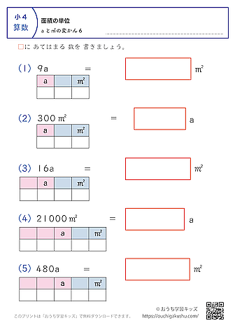 面積の単位（小学4年生）a↔㎡の変換6｜算数プリント｜練習問題（補助付き）
