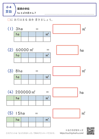 面積の単位（小学4年生）ha↔㎡の変換7｜算数プリント｜練習問題（補助付き）