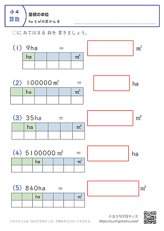 面積の単位（小学4年生）ha↔㎡の変換8｜算数プリント｜練習問題（補助付き）