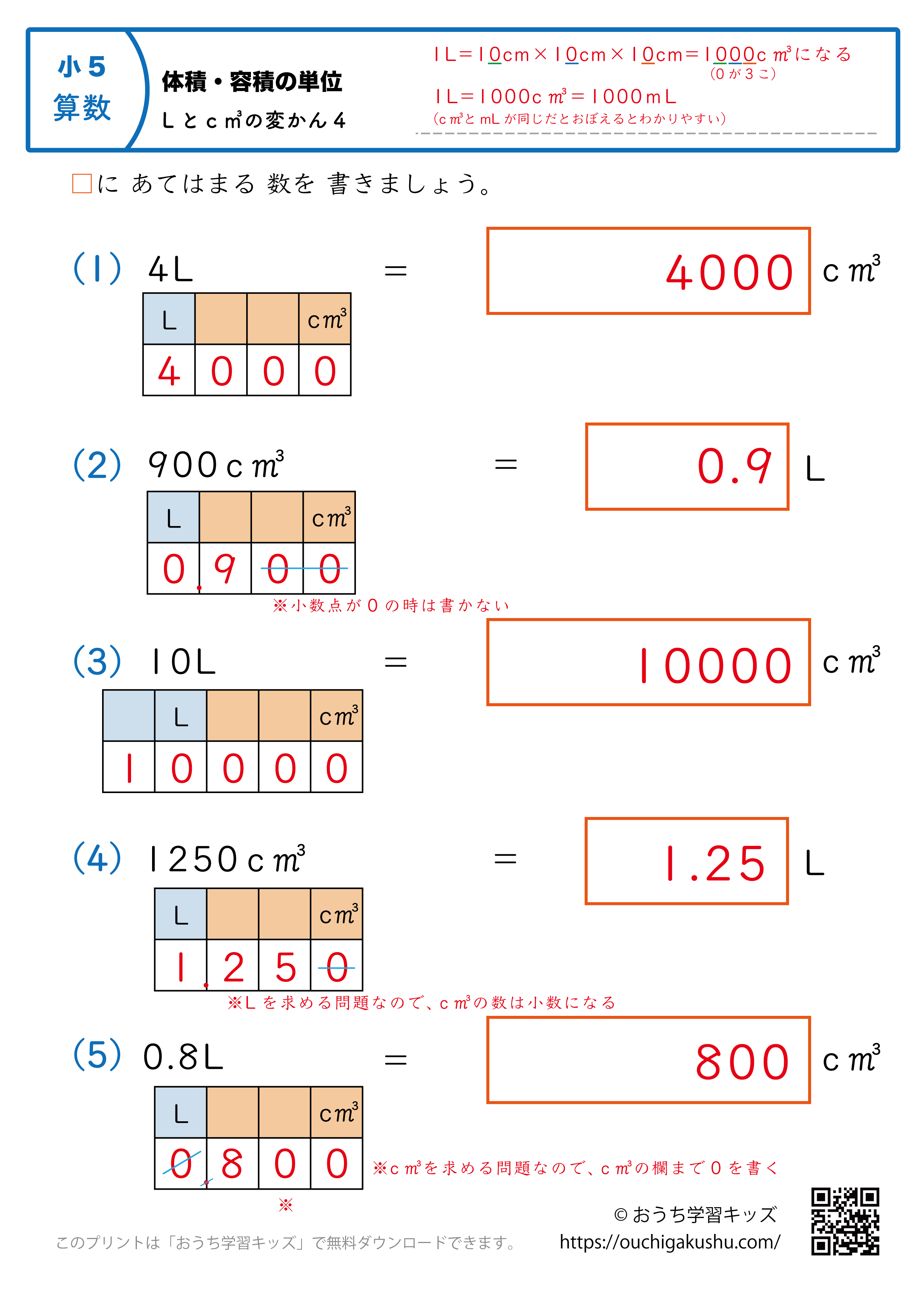 体積の単位（小学5年生）L↔c㎥の変換4｜算数プリント｜練習問題（補助付き・答え）