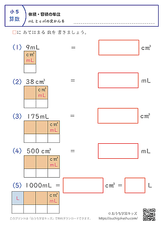 体積・容積の単位（小学5年生）mL↔c㎥の変換8｜算数プリント｜練習問題（補助付き）