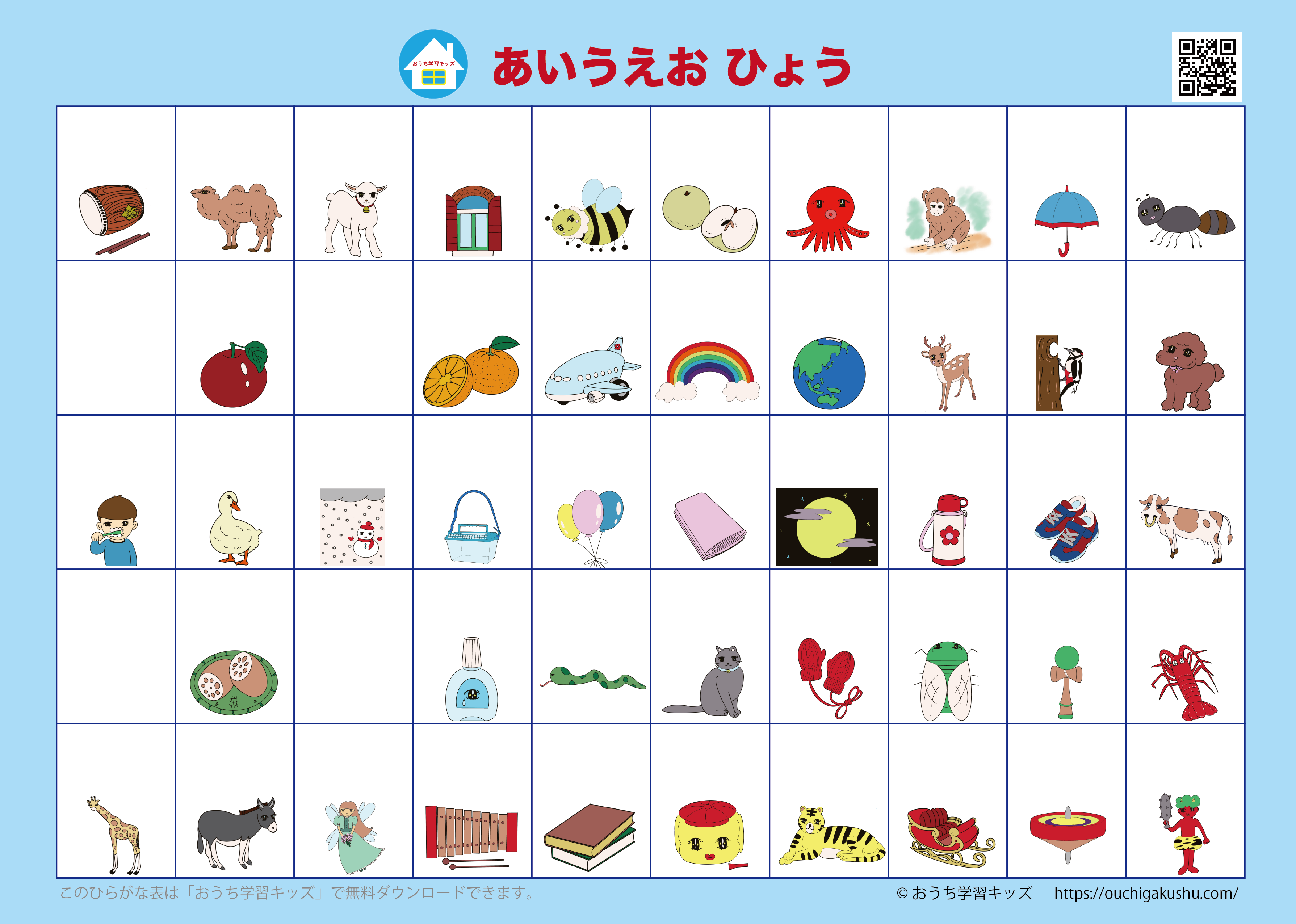 自分で書いて飾れる「あいうえお表（ひらがな表）」絵付き、ブルー