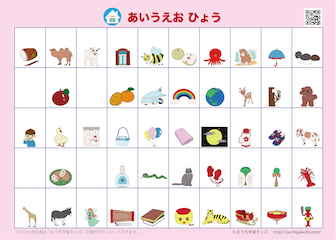 自分で書いて飾れる「あいうえお表（ひらがな表）」絵付き、ピンク