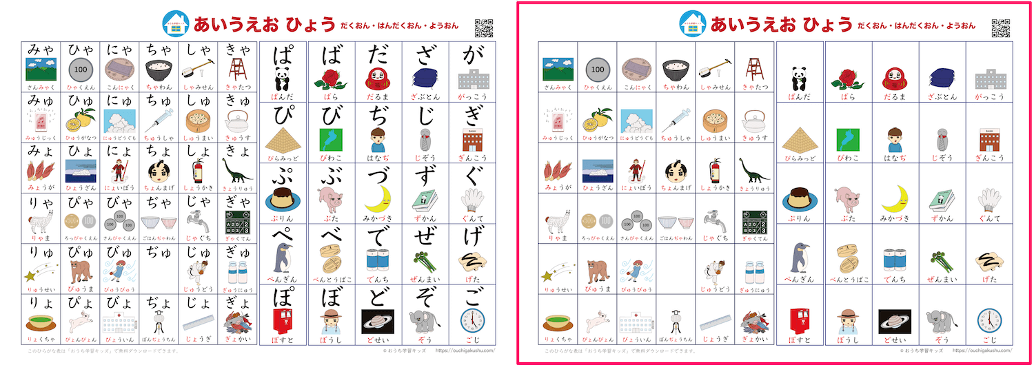「あいうえお表（ひらがな表）濁音・半濁音・拗音」絵付き、ホワイト。50音が書かれたタイプと自分で書いて飾れるタイプの比較