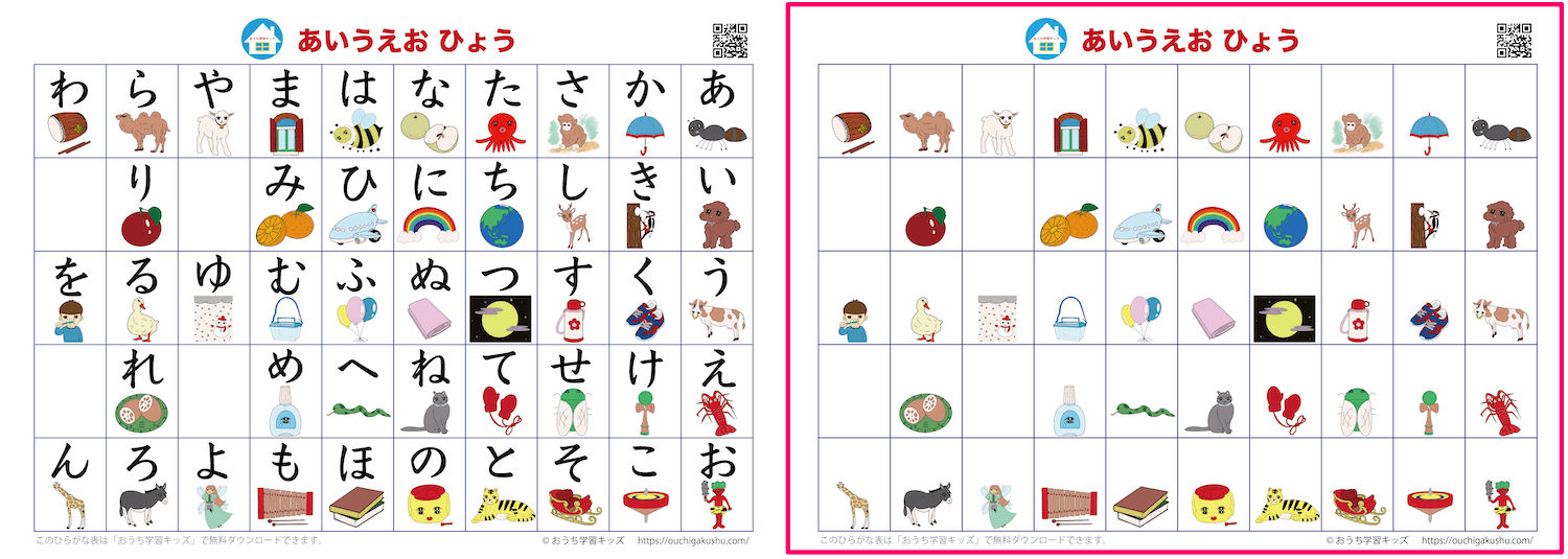 「あいうえお表（ひらがな表）」絵付き、ホワイト。50音が書かれたタイプと自分で書いて飾れるタイプの比較