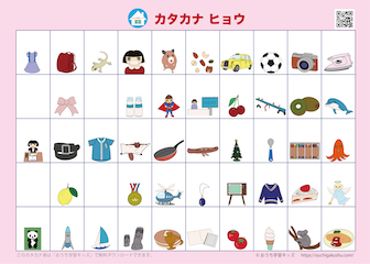 自分で書いて飾れる「アイウエオ表（カタカナ表）」絵付き、ピンク