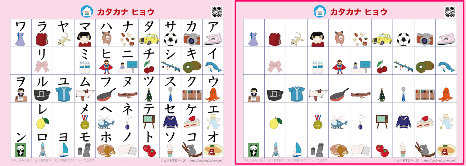 「アイウエオ表（カタカナ表）」絵付き、ピンク。50音が書かれたタイプと自分で書いて飾れるタイプの比較