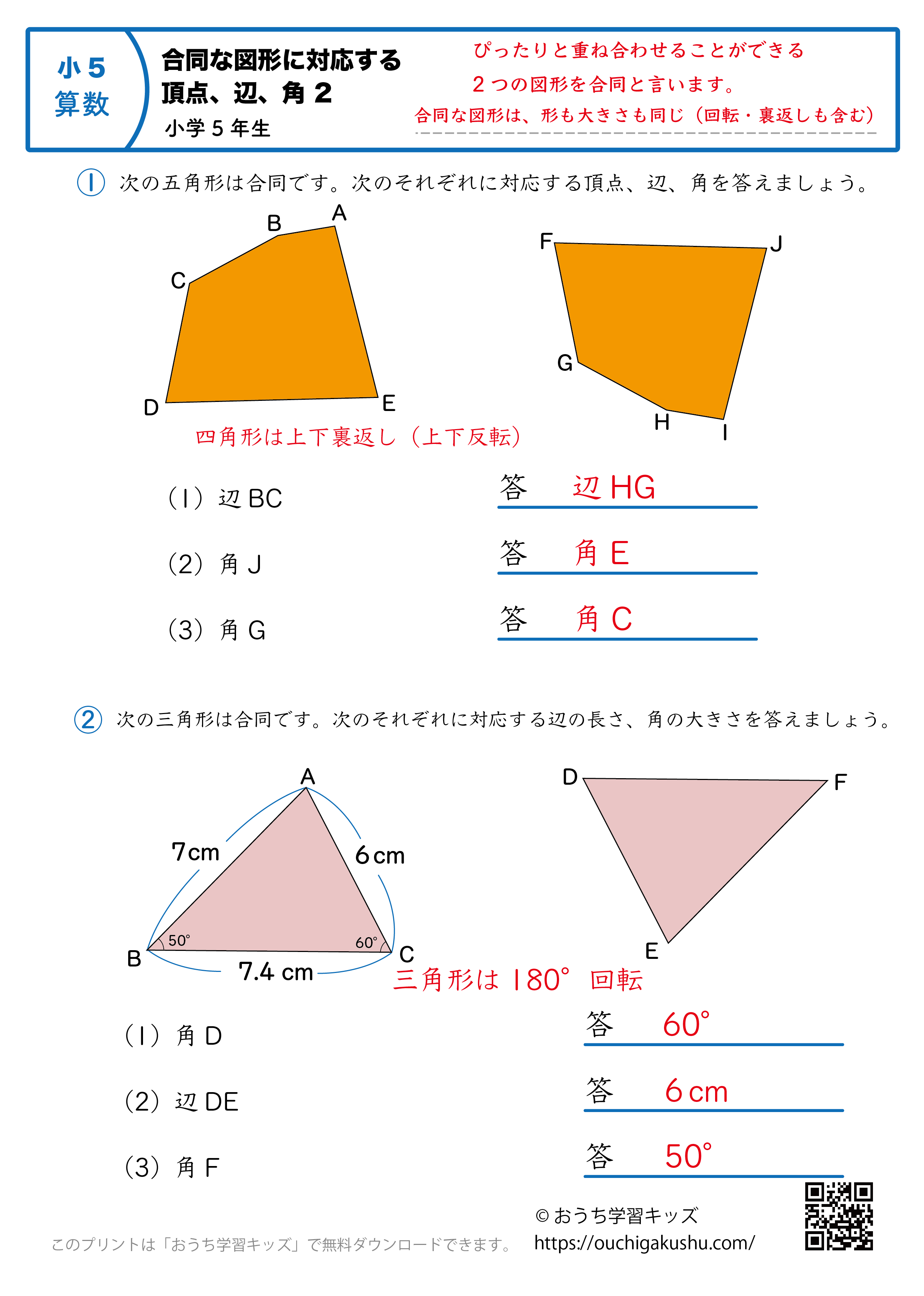 合同な図形の対応する頂点、辺、角｜練習問題2｜小学5年生｜算数プリント（答え）