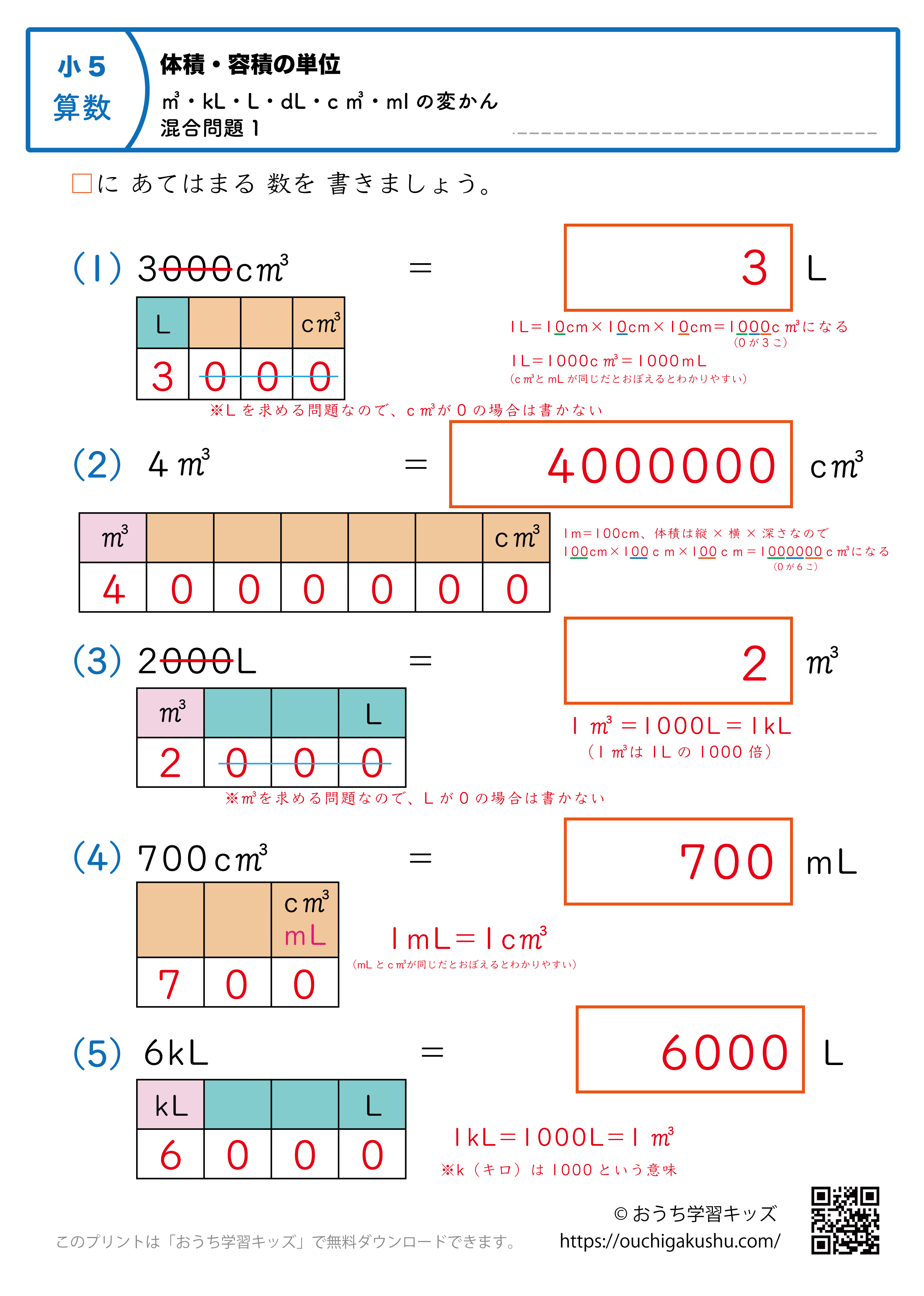 体積・容積の単位（小学5年生）㎥・kL・L・dL・c㎥・mlの変換・混合問題1｜算数プリント（補助付き・答え）