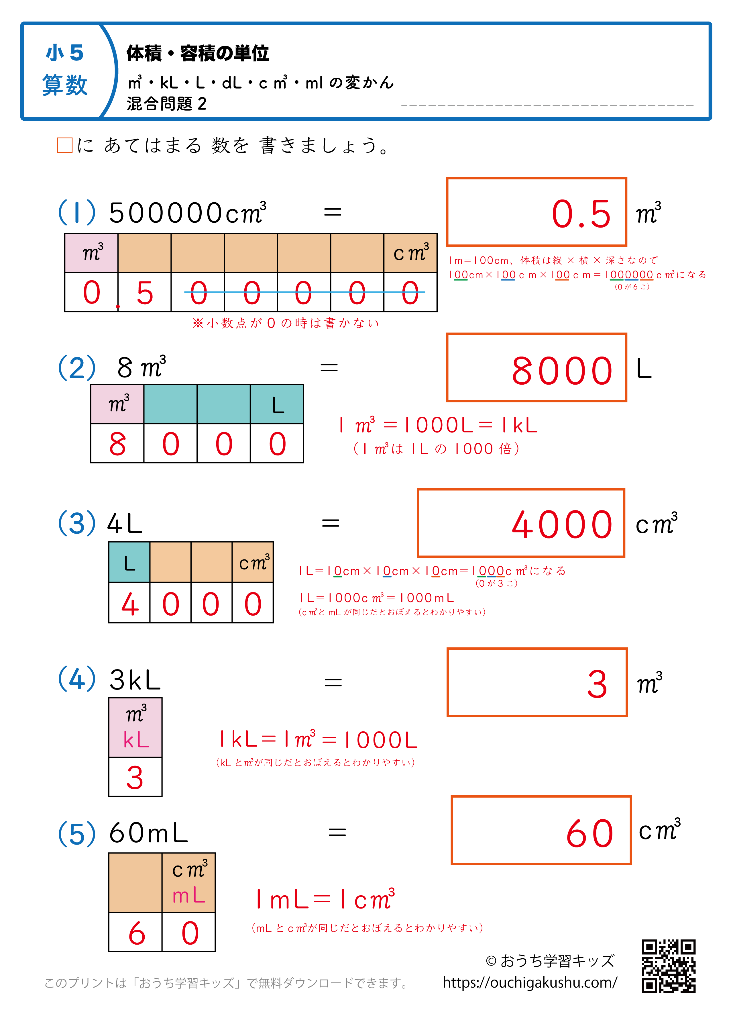 体積・容積の単位（小学5年生）㎥・kL・L・dL・c㎥・mlの変換・混合問題2｜算数プリント（補助付き・答え）