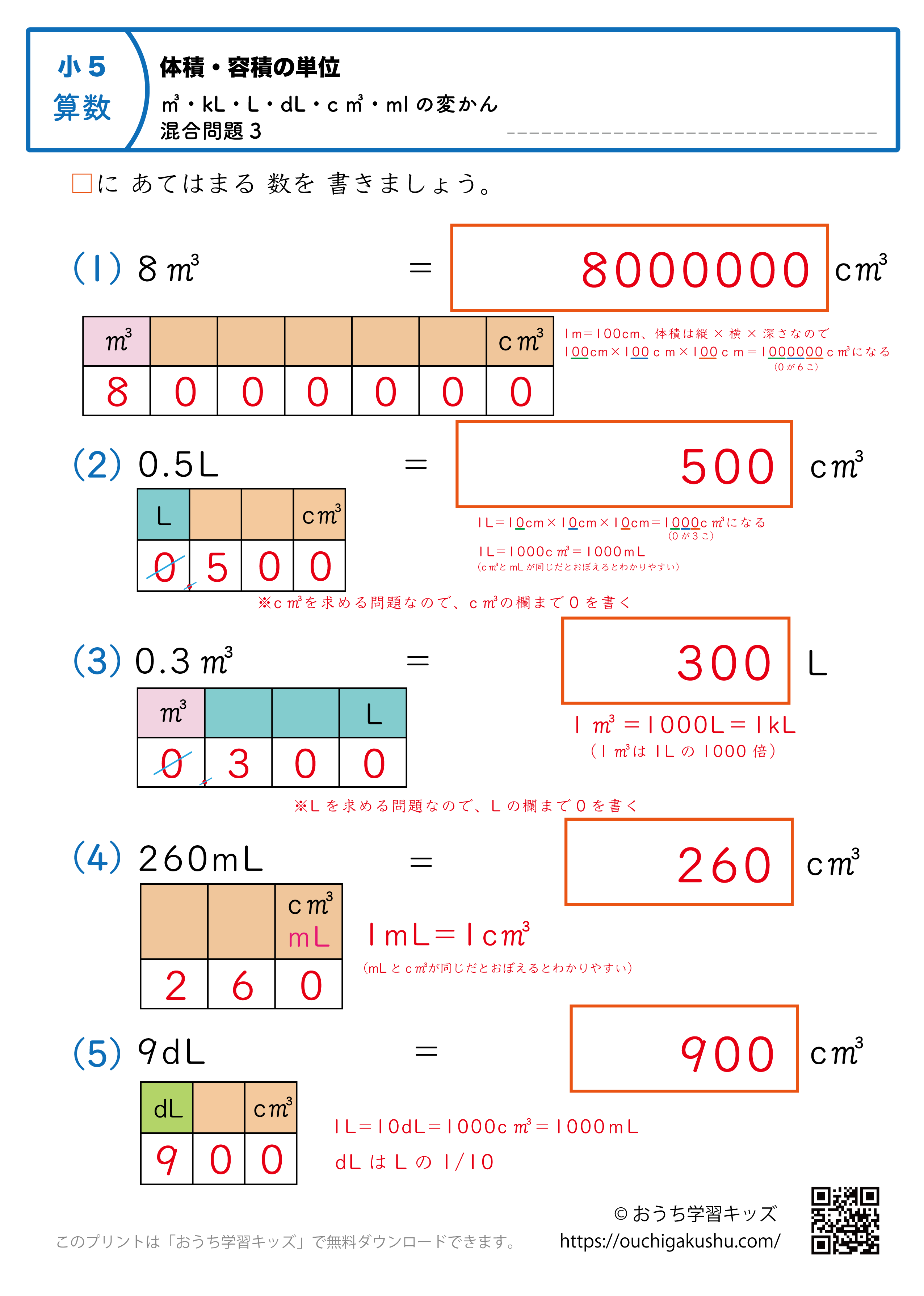 体積・容積の単位（小学5年生）㎥・kL・L・dL・c㎥・mlの変換・混合問題3｜算数プリント（補助付き・答え）