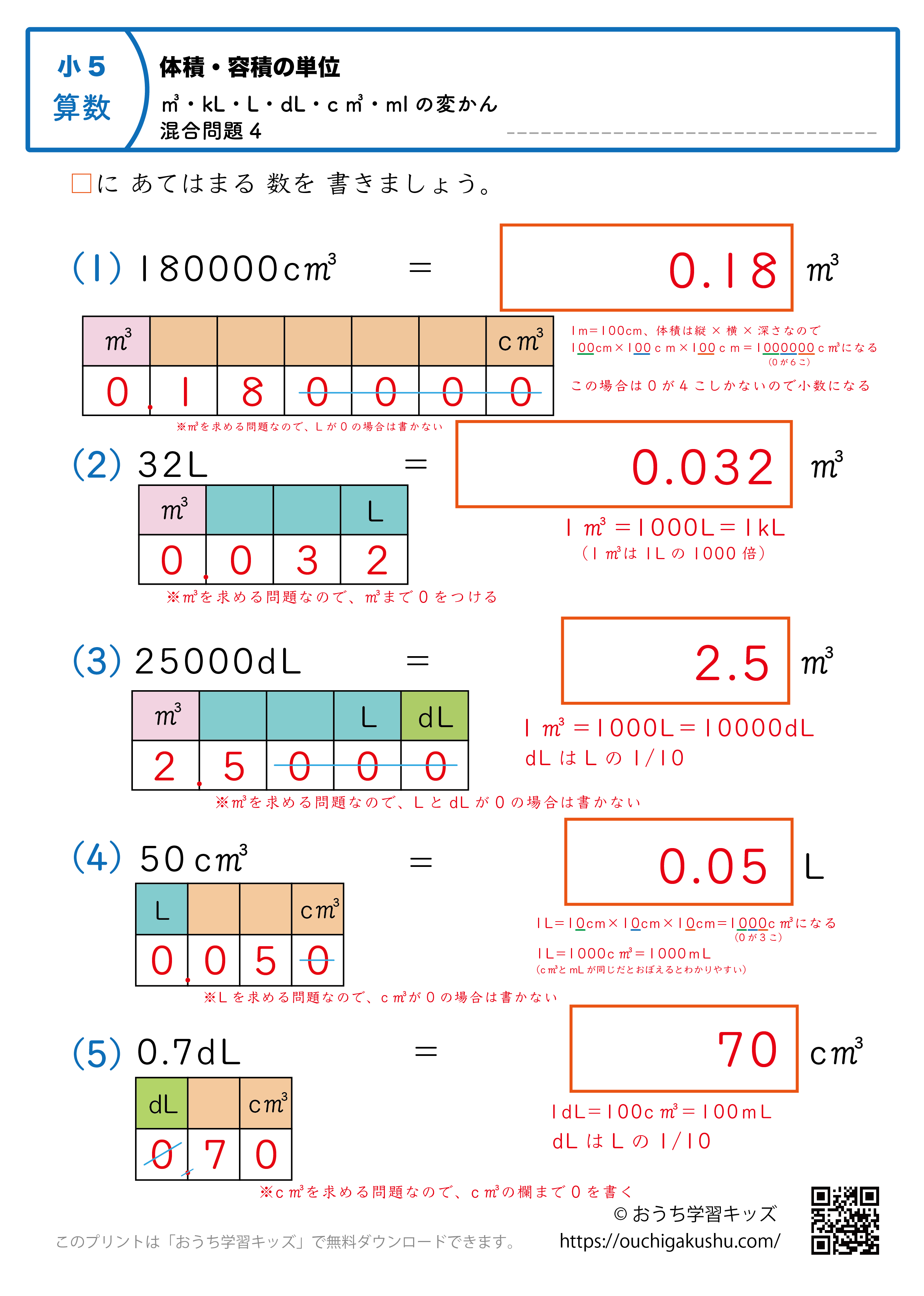 体積・容積の単位(小学5年生)㎥・kL・L・dL・c㎥・mlの変換・混合問題4|算数プリント(補助付き・答え)